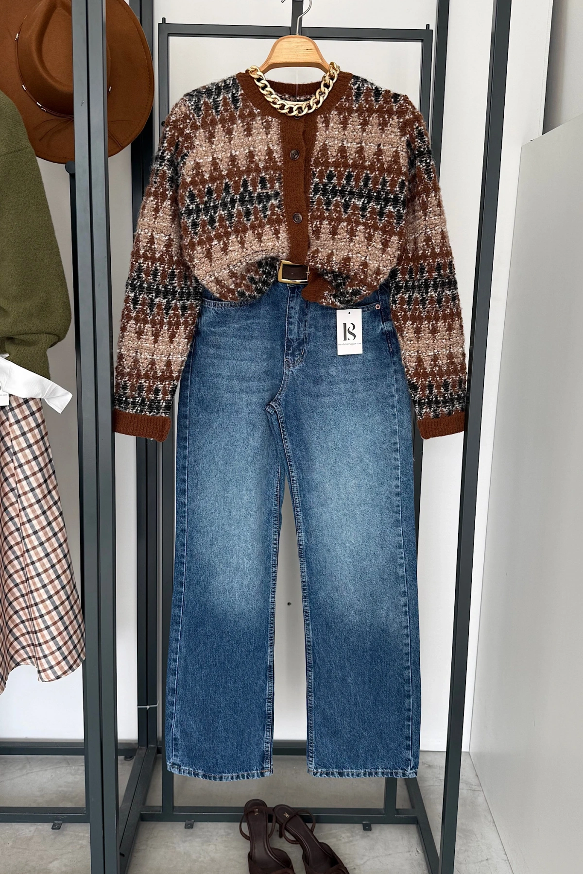 Karışık Desen Hırka Kahverengi