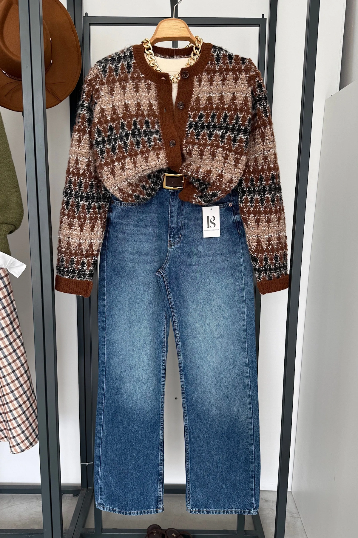 Karışık Desen Hırka Kahverengi