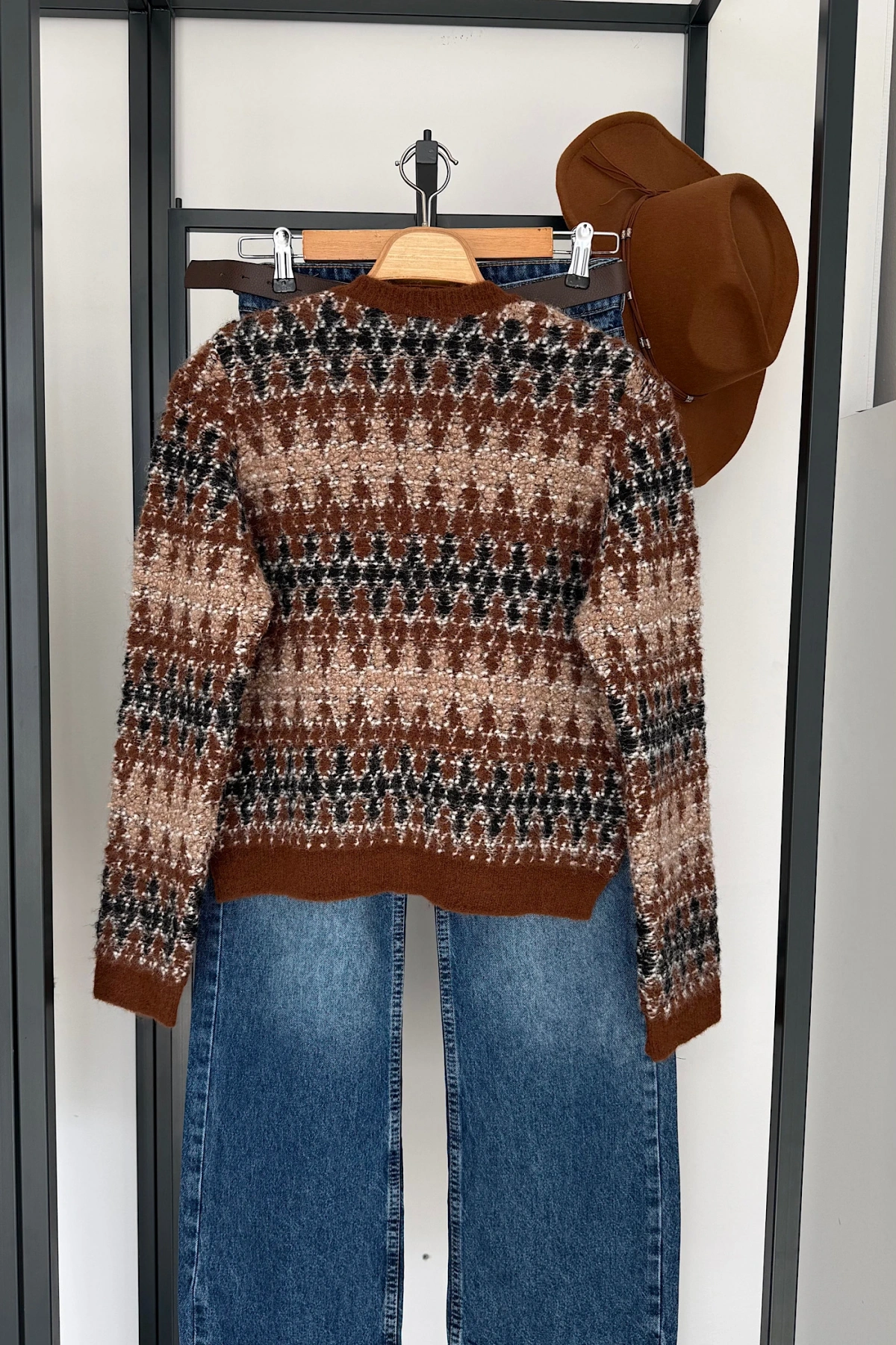 Karışık Desen Hırka Kahverengi