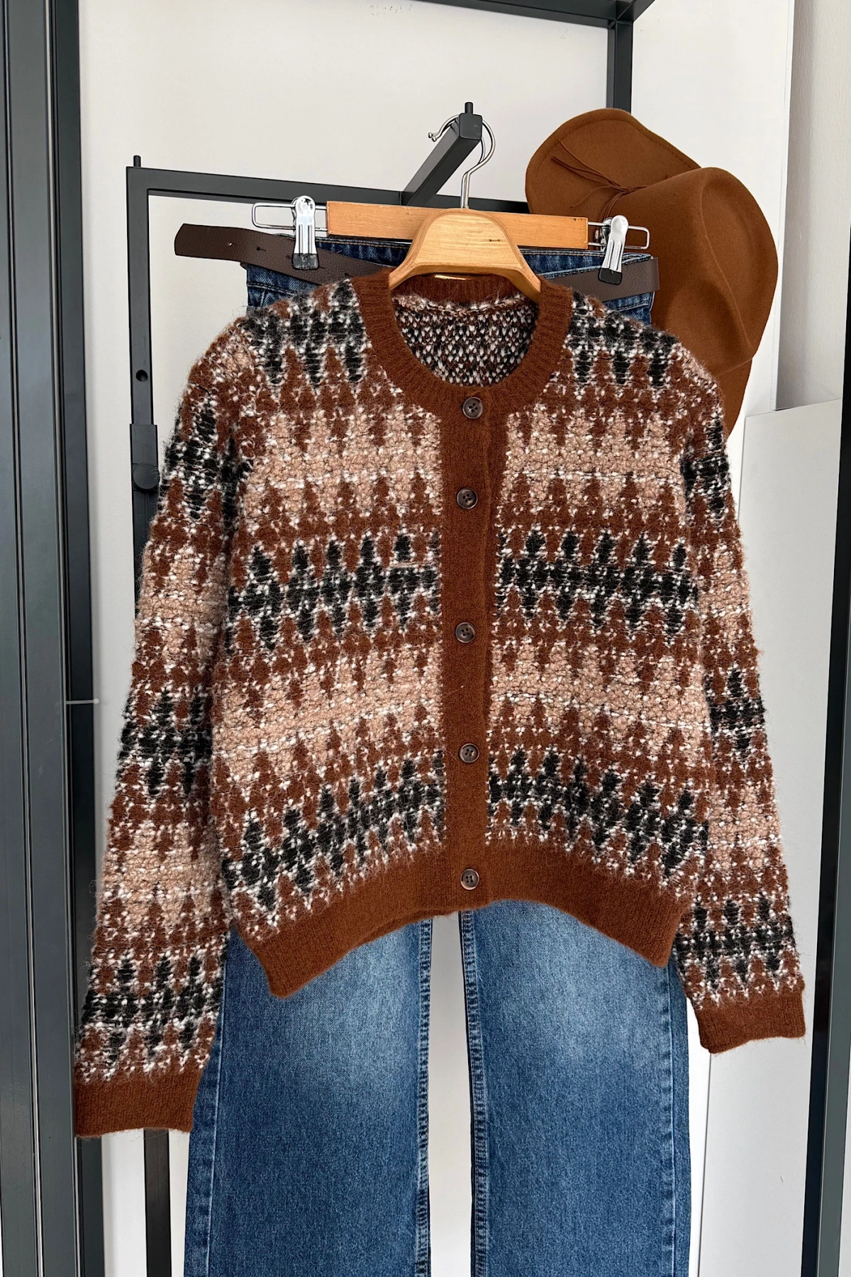 Karışık Desen Hırka Kahverengi