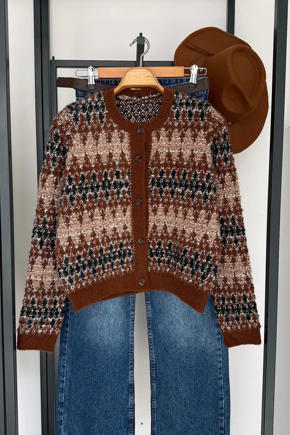 Karışık Desen Hırka Kahverengi