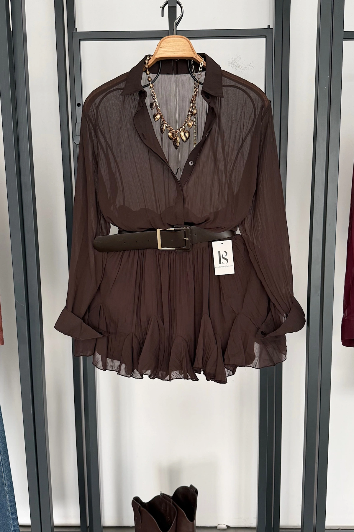 Kemer Detaylı Elbise Kahverengi