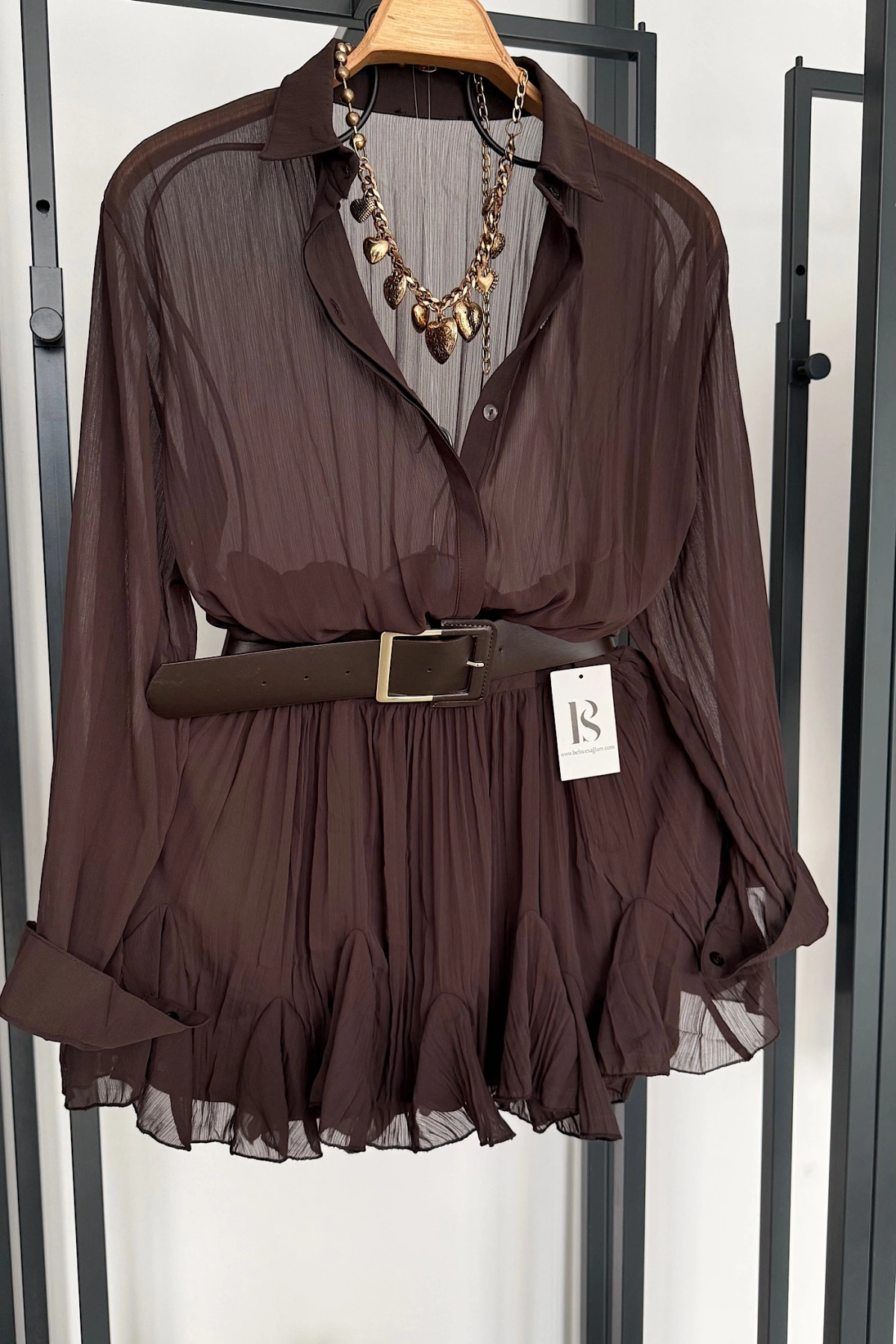 Kemer Detaylı Elbise Kahverengi