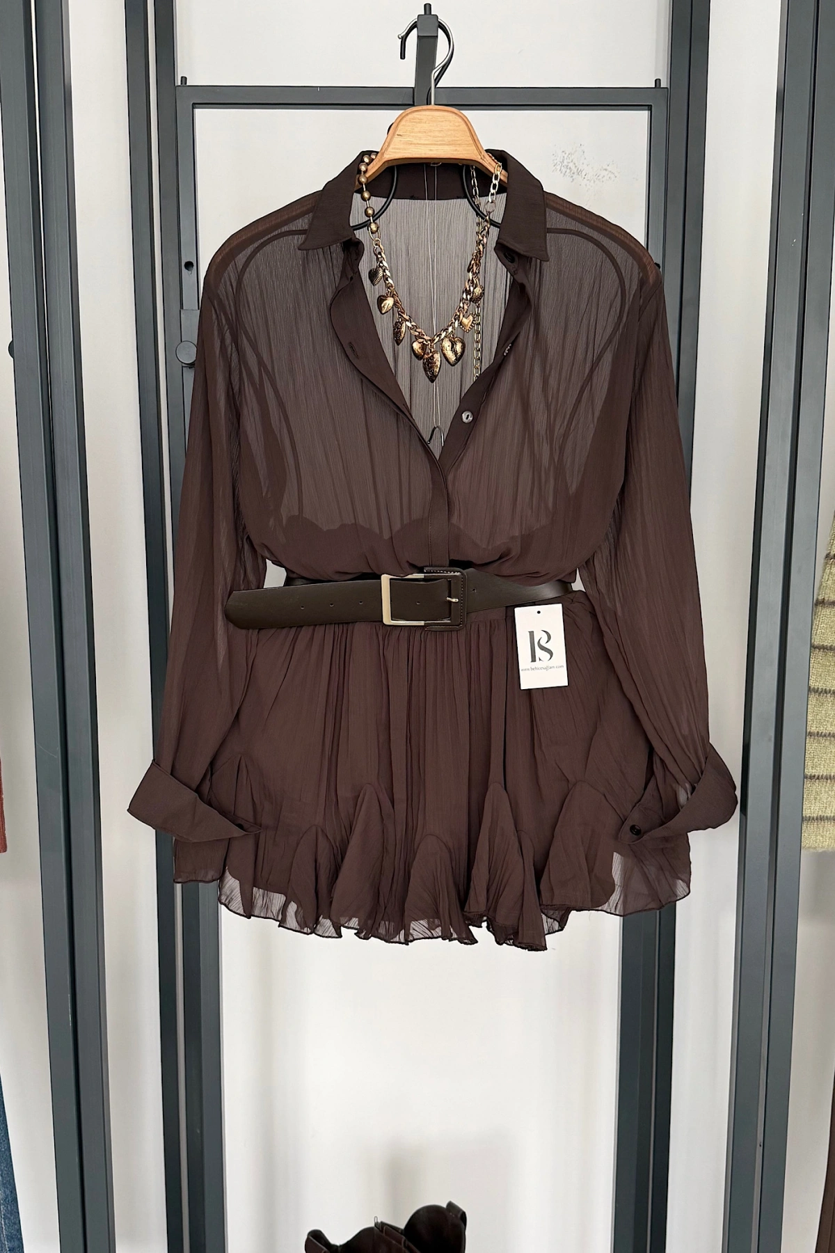 Kemer Detaylı Elbise Kahverengi