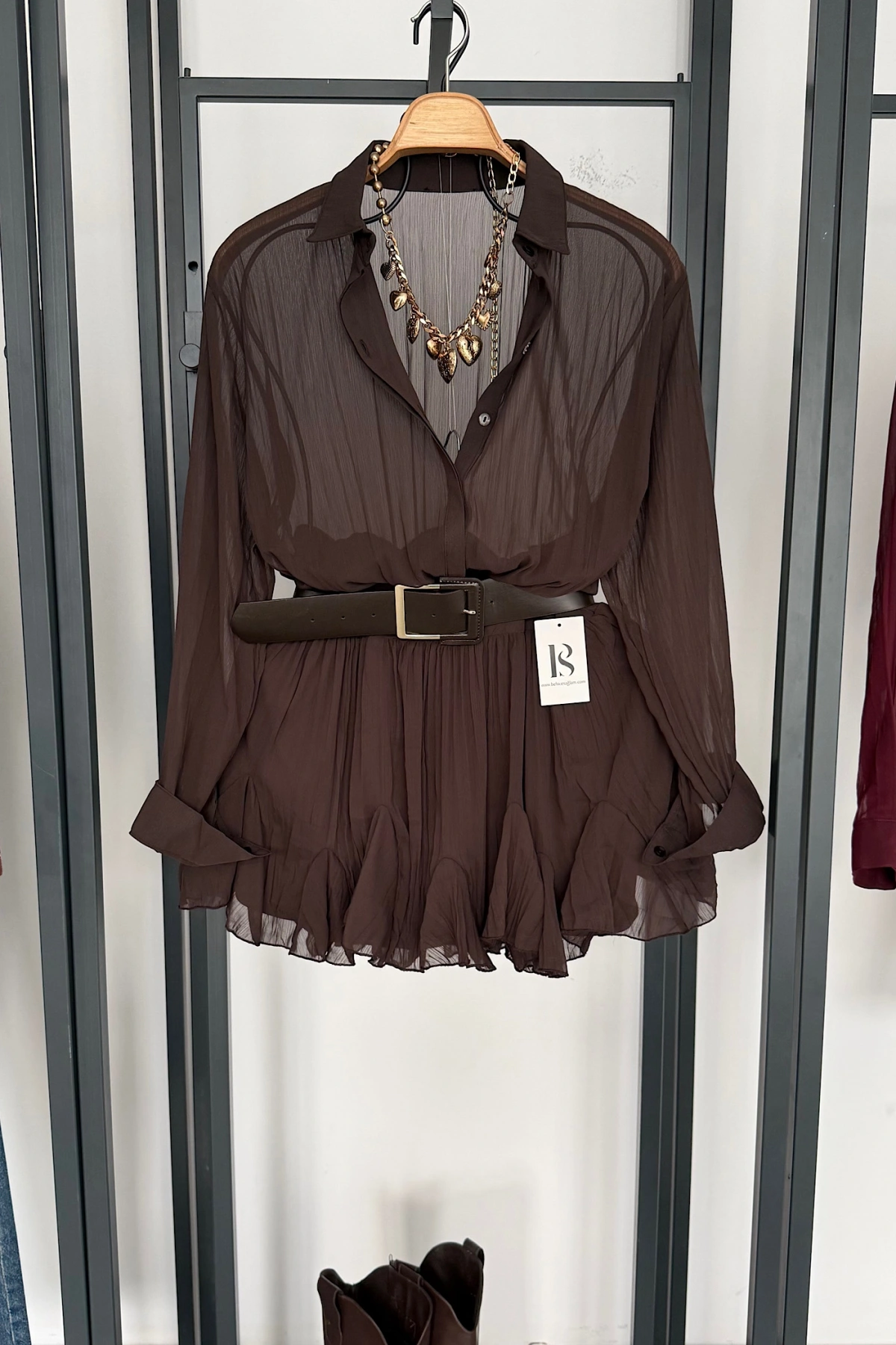 Kemer Detaylı Elbise Kahverengi