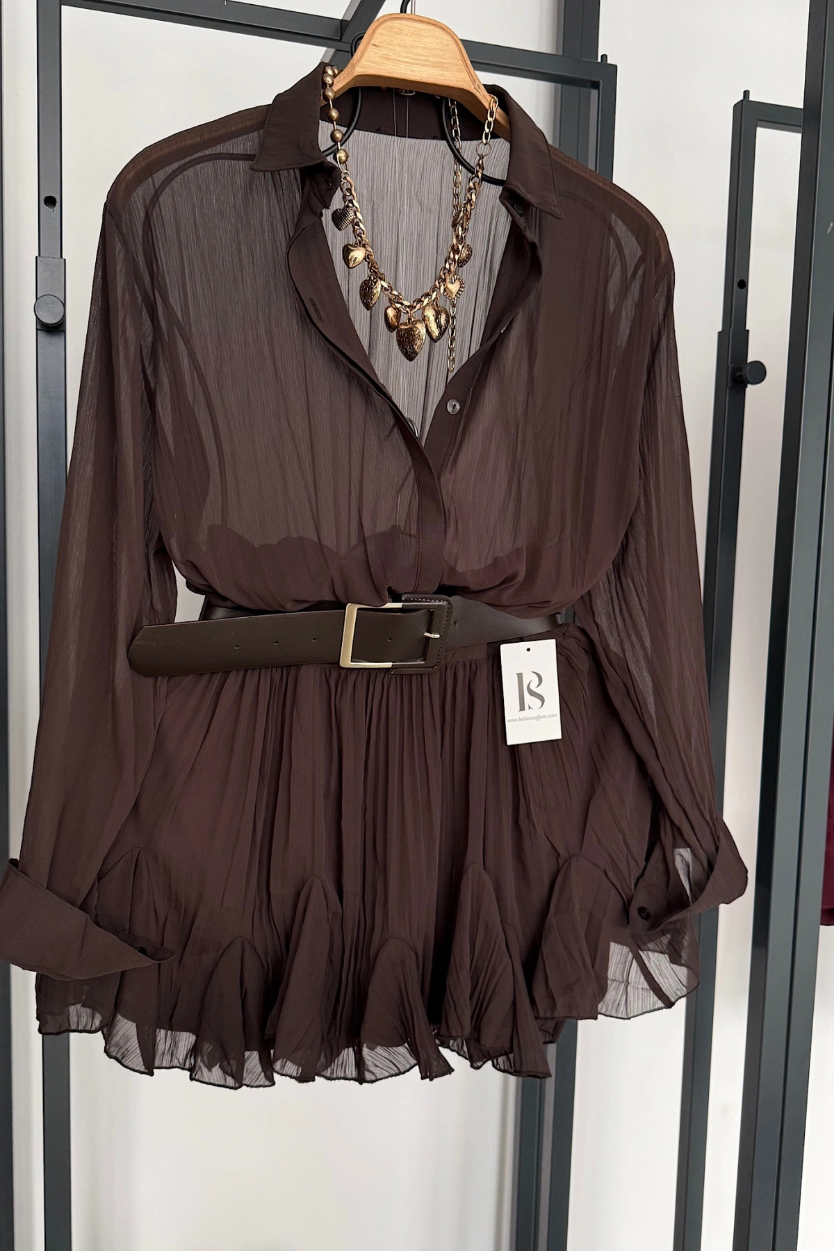 Kemer Detaylı Elbise Kahverengi