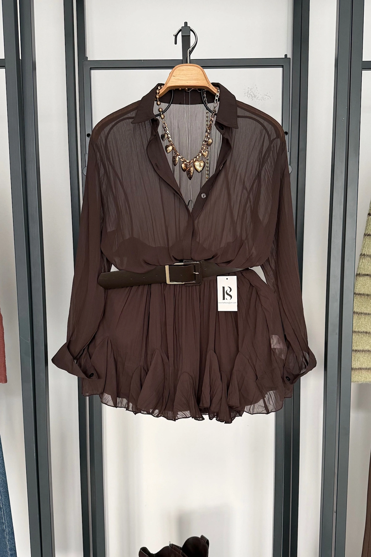 Kemer Detaylı Elbise Kahverengi