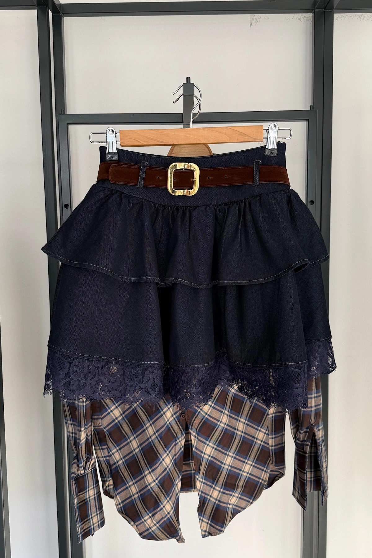 Kemerli Dantel Detay Denim Etek Lacivert