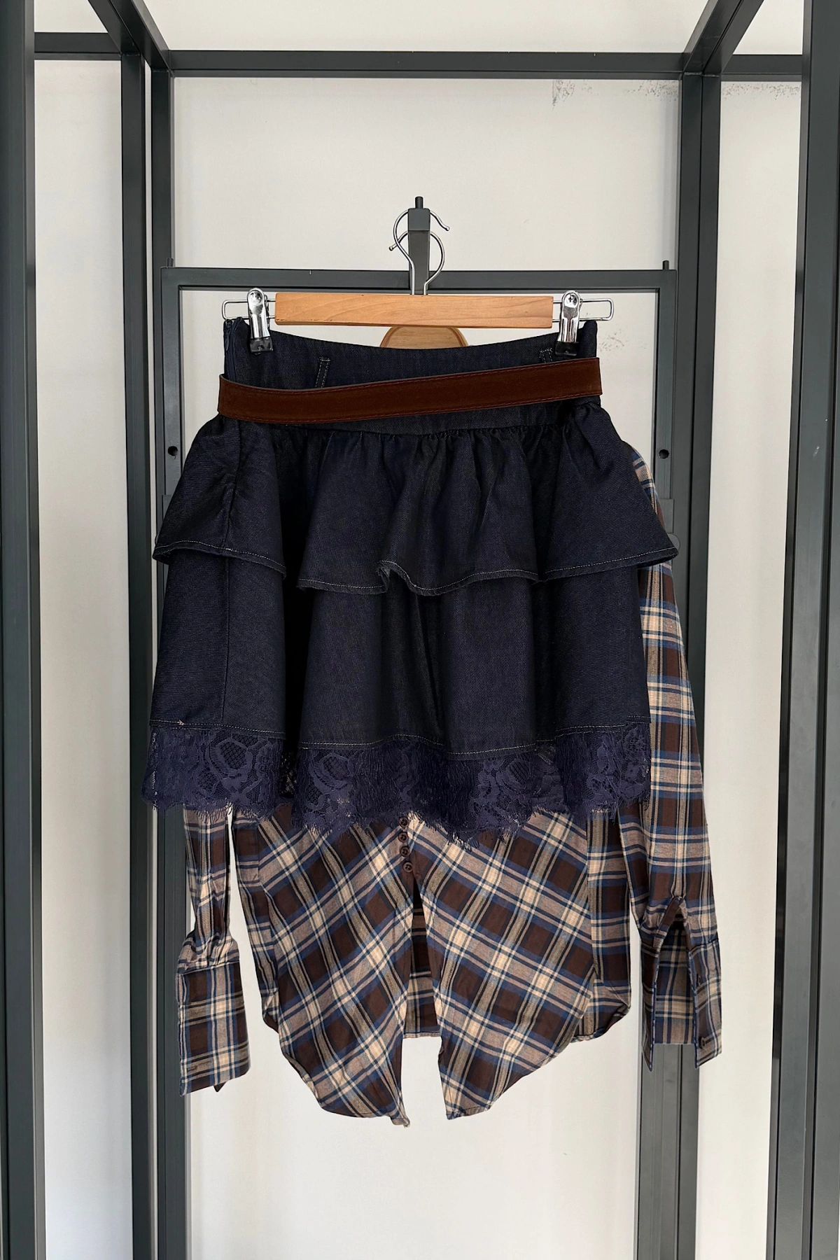 Kemerli Dantel Detay Denim Etek Lacivert