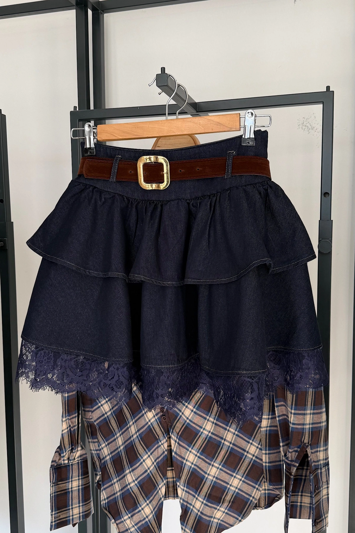 Kemerli Dantel Detay Denim Etek Lacivert