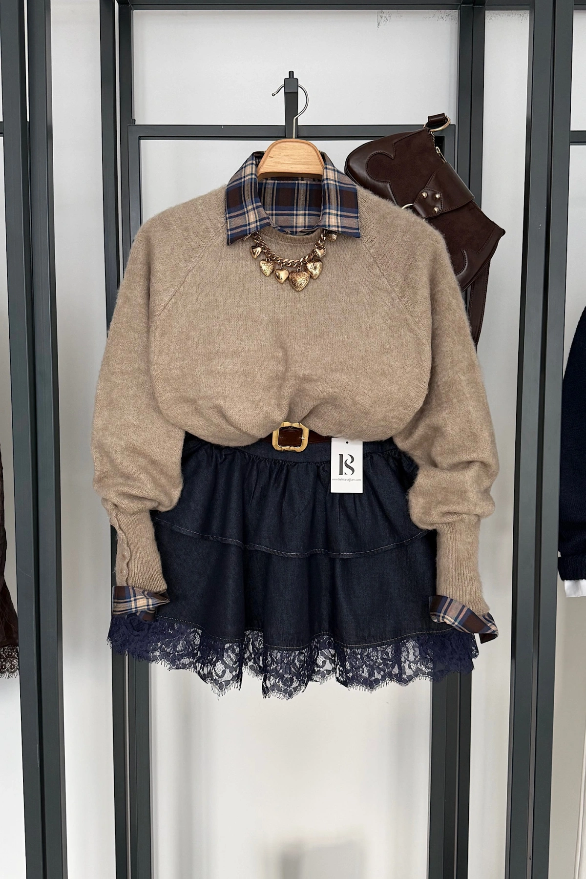 Kemerli Dantel Detay Denim Etek Lacivert