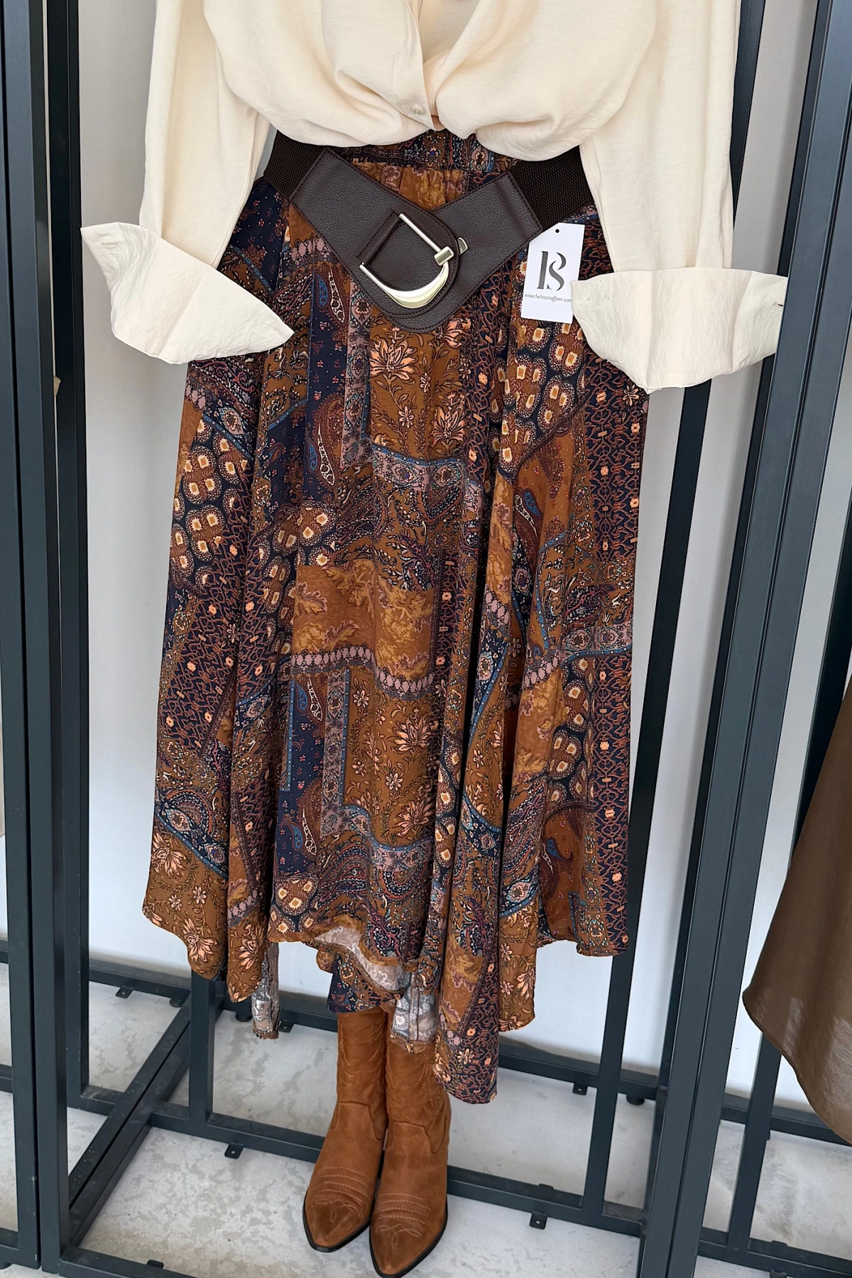 Kemerli Etnik Desen Etek Camel