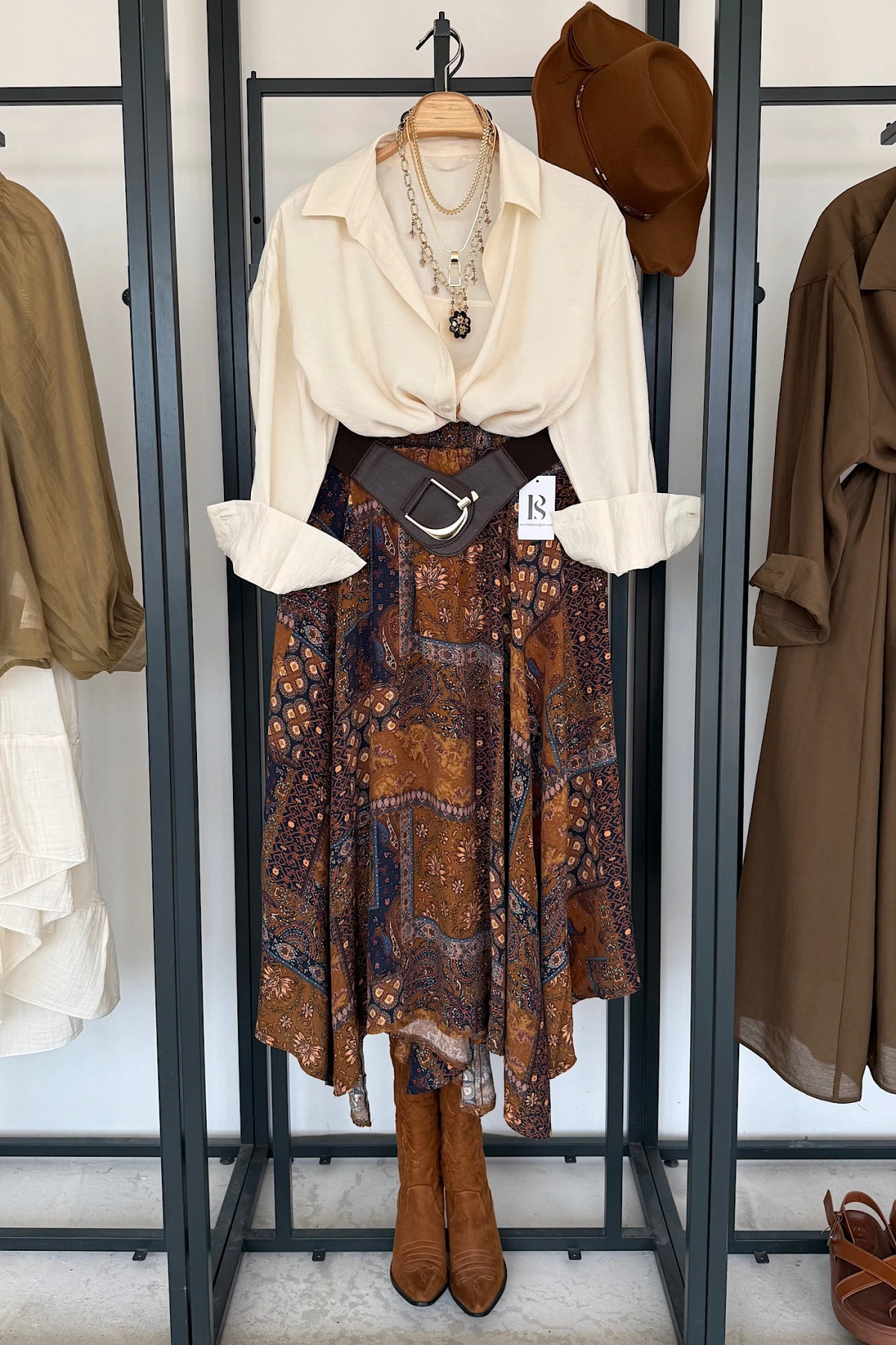 Kemerli Etnik Desen Etek Camel