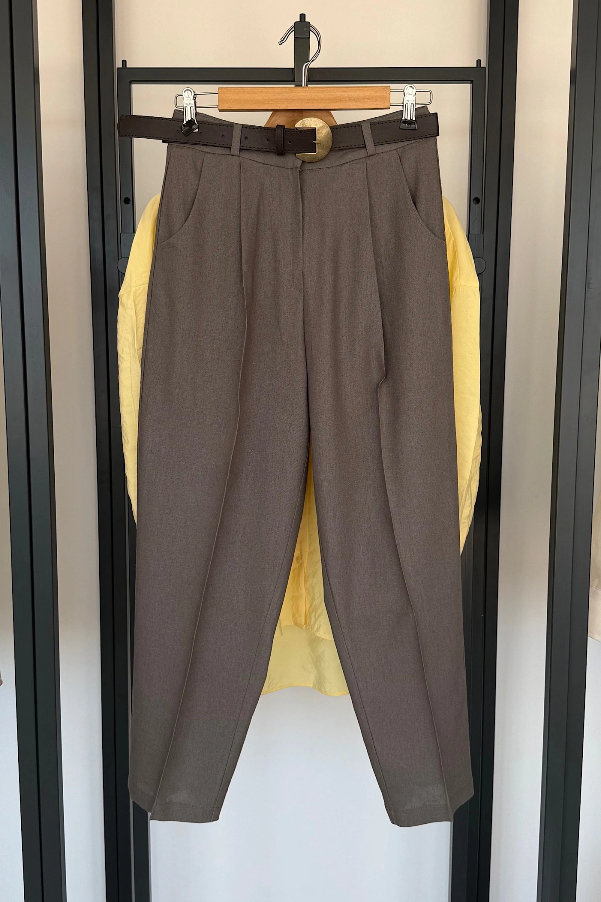 Kemerli Keten Pantolon Gri