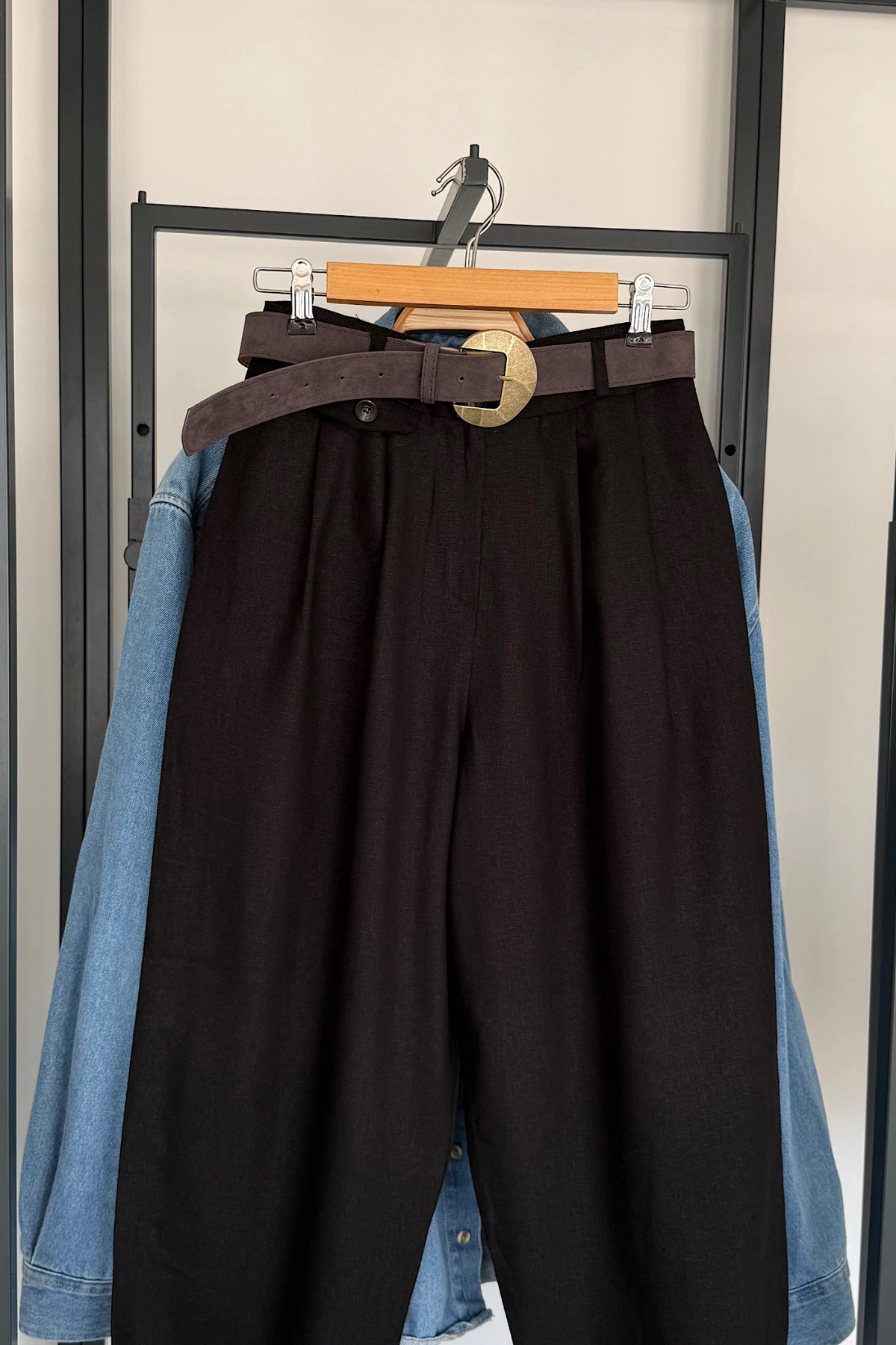 Kemerli Keten Pantolon Siyah
