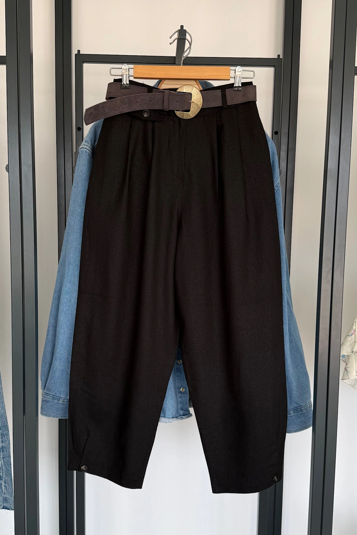Kemerli Keten Pantolon Siyah