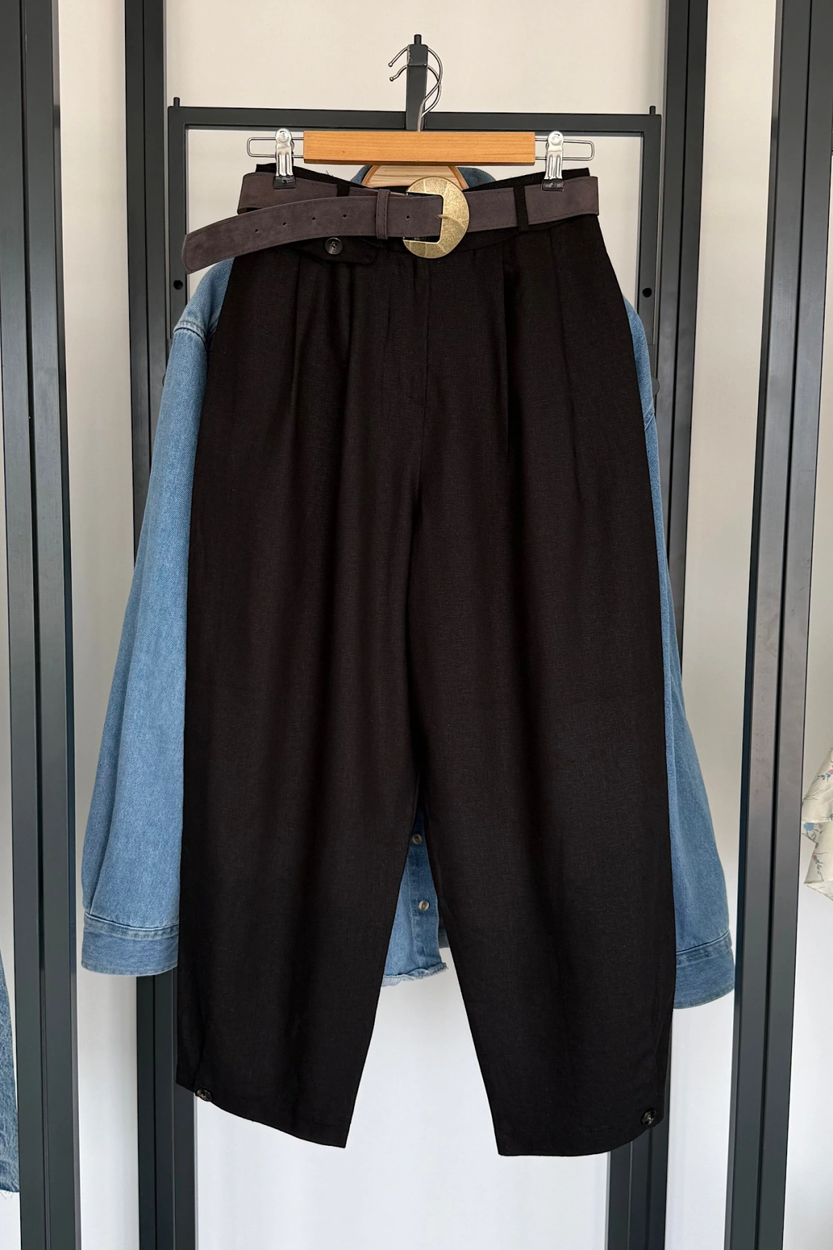 Kemerli Keten Pantolon Siyah