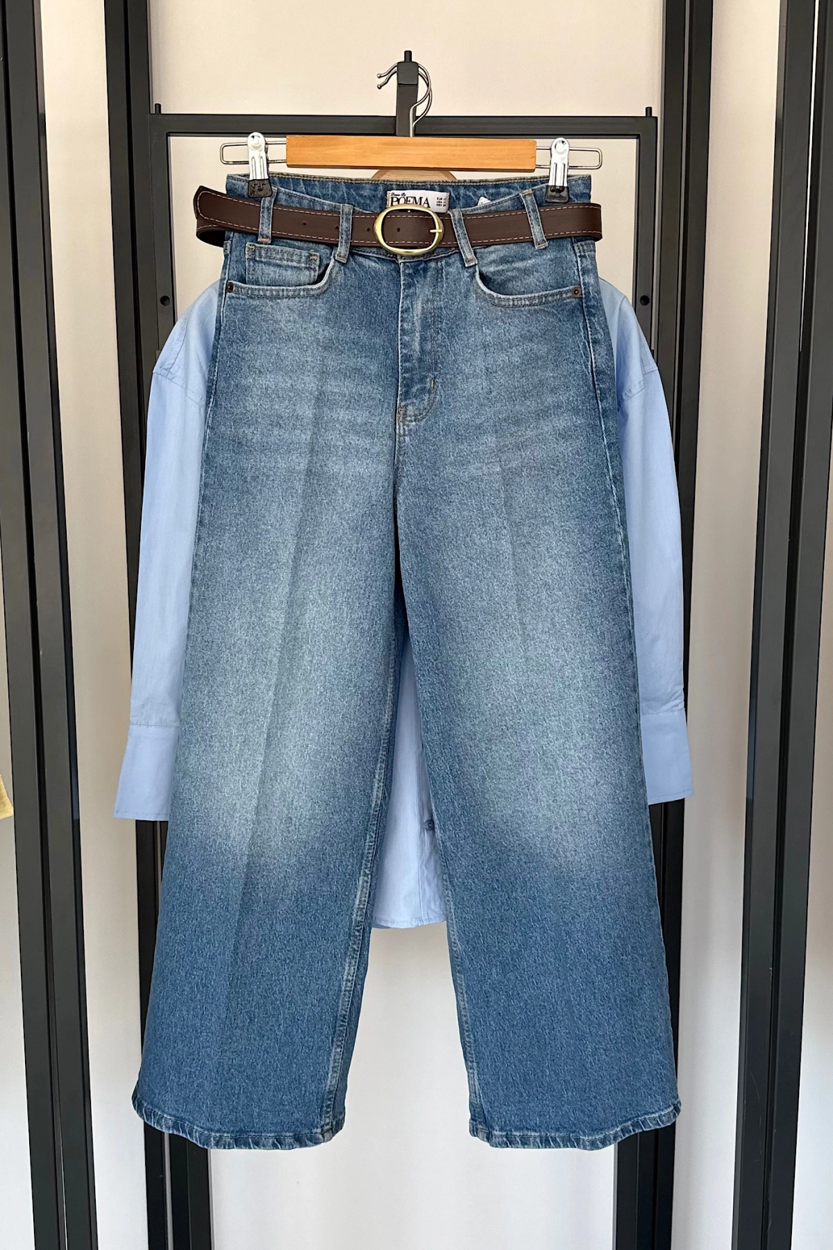 Kemerli Wide Leg Jean Mavi