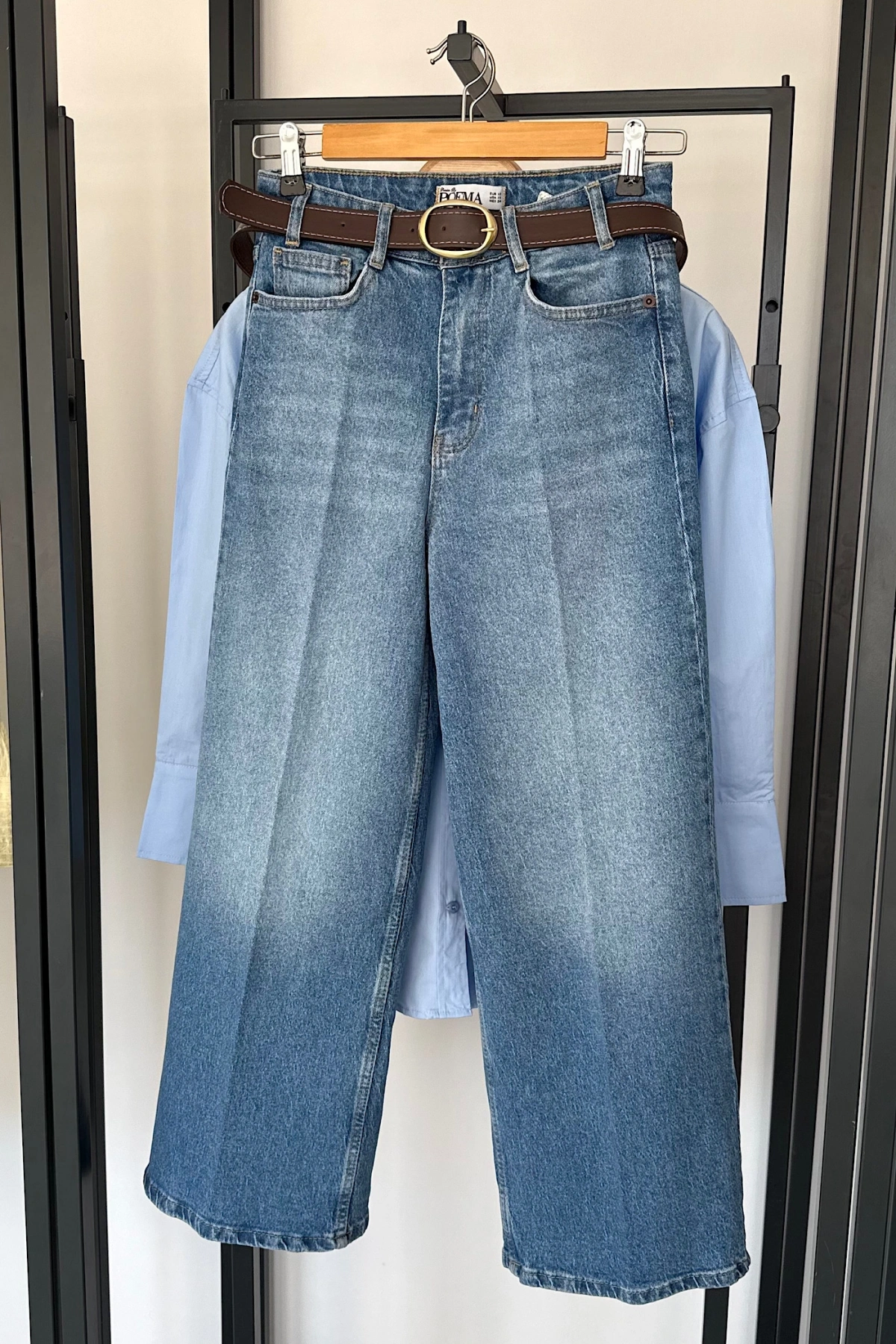 Kemerli Wide Leg Jean Mavi