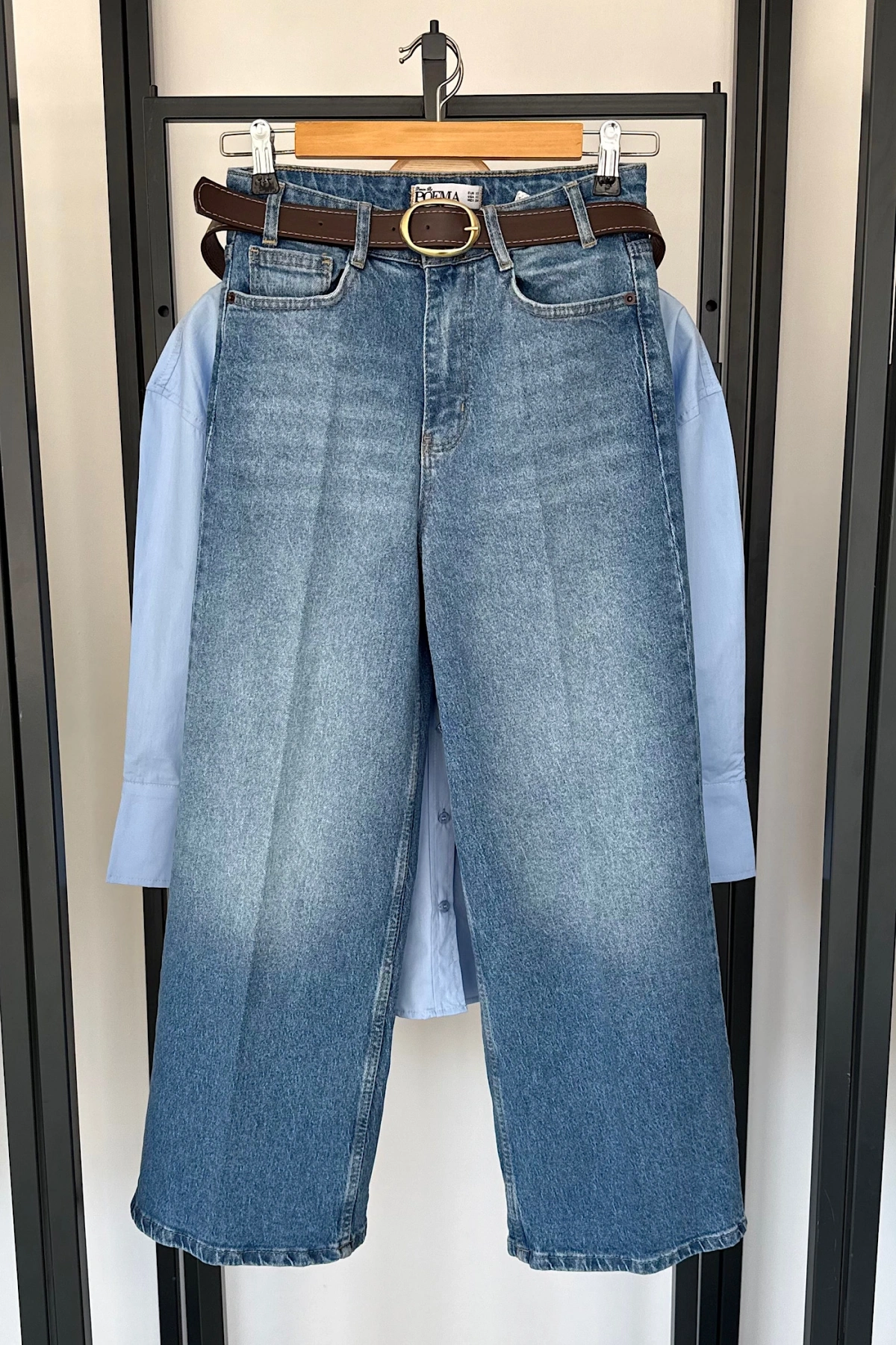 Kemerli Wide Leg Jean Mavi