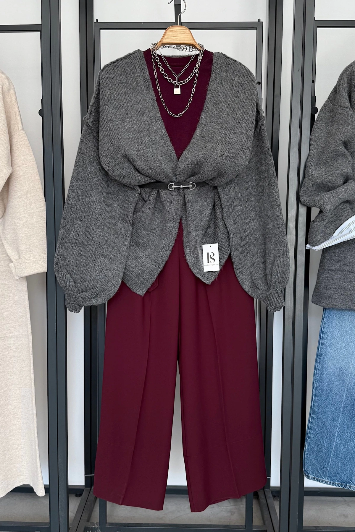 Kendinden Kemerli Bol Paça Pantolon Bordo