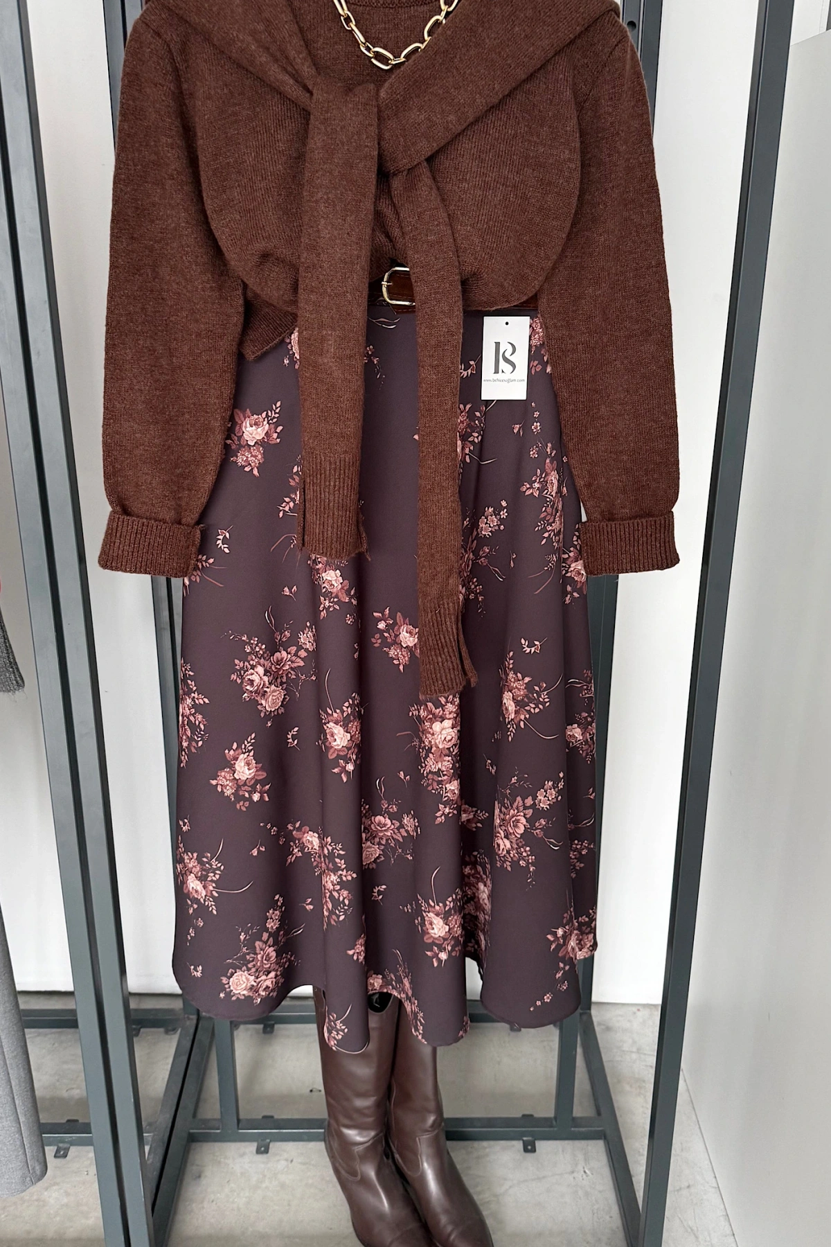 Kendinden Kemerli Çiçek Desen Etek Kahve Çiçek