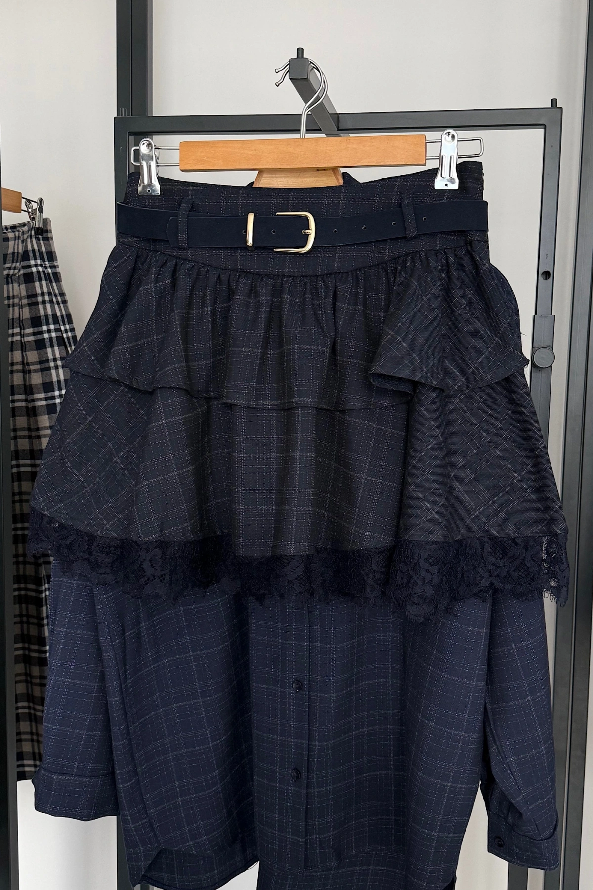 Kendinden Kemerli Dantel Detay Etek Lacivert