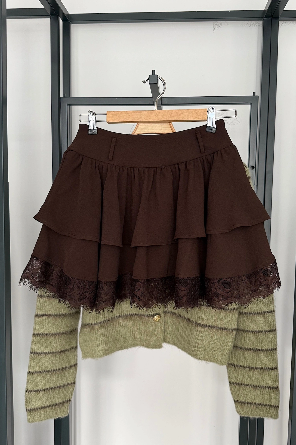 Kendinden Kemerli Dantelli Kat Etek Kahverengi