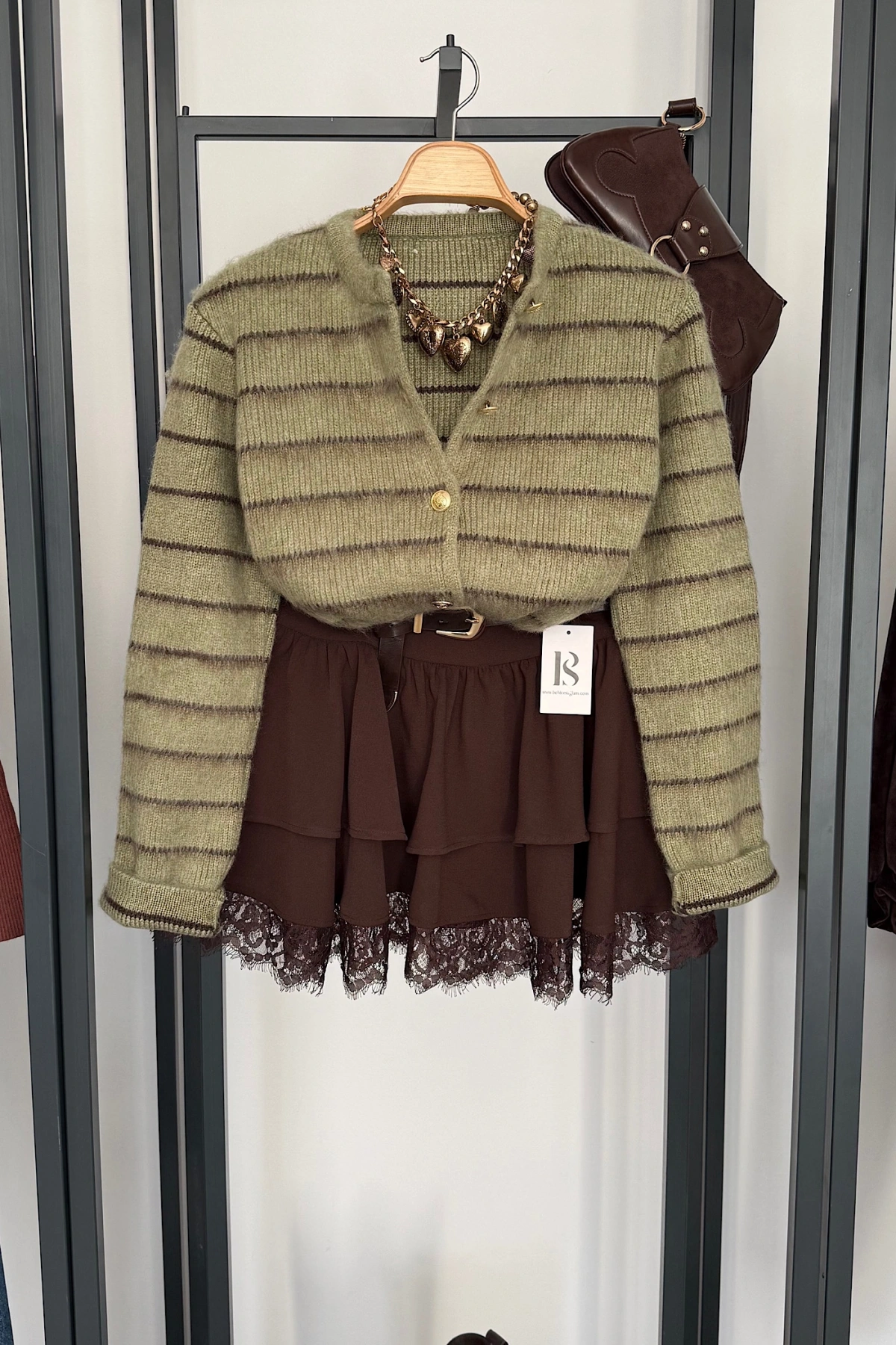 Kendinden Kemerli Dantelli Kat Etek Kahverengi