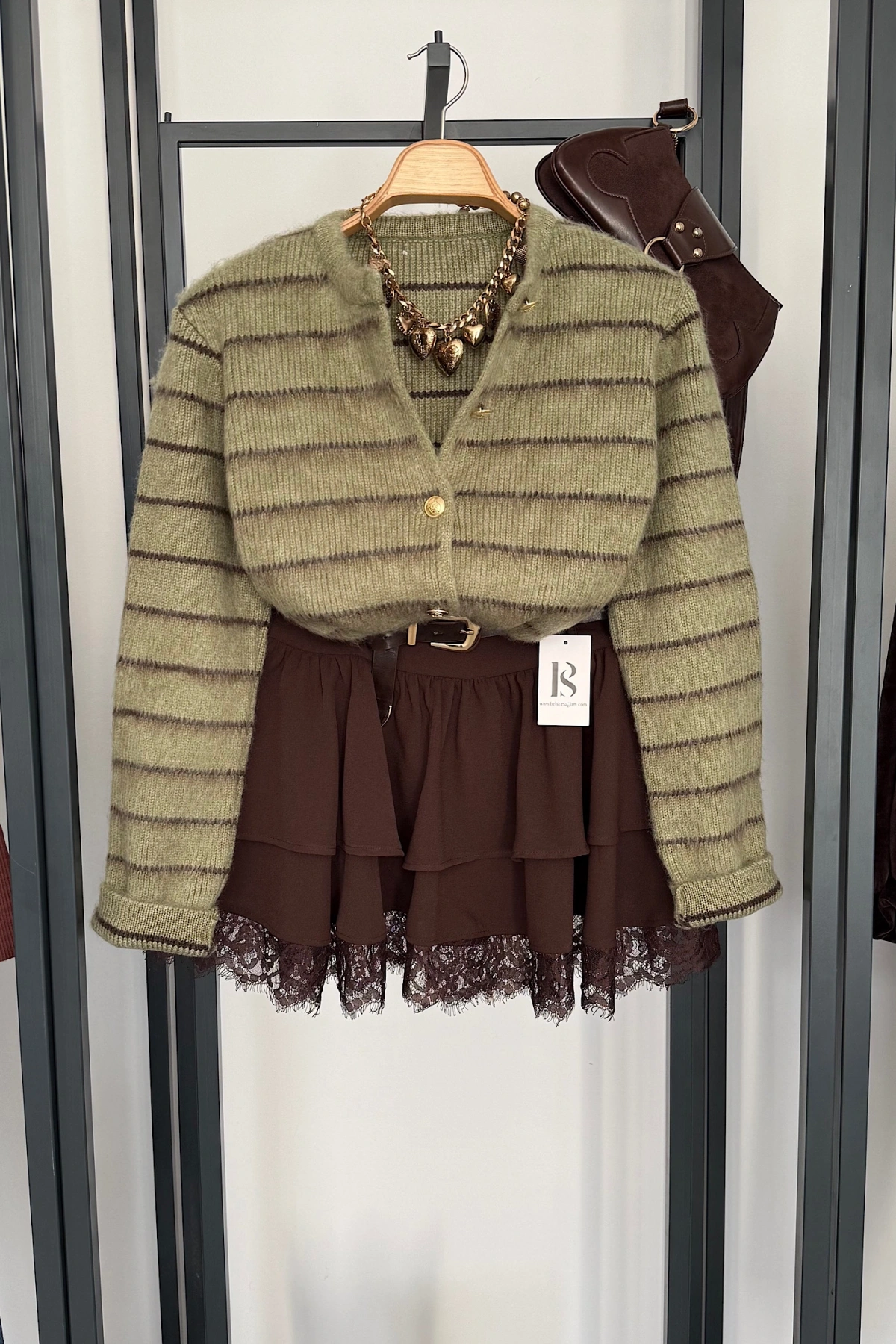 Kendinden Kemerli Dantelli Kat Etek Kahverengi