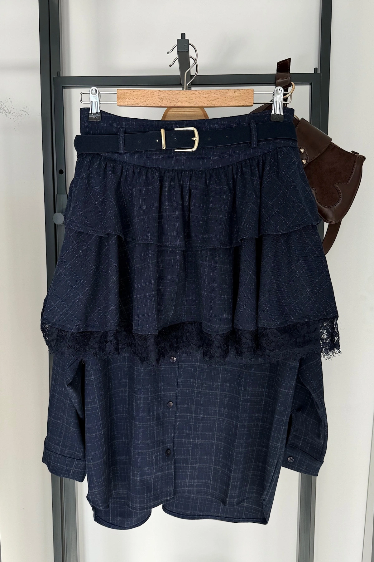 Kendinden Kemerli Etekli Takım Lacivert