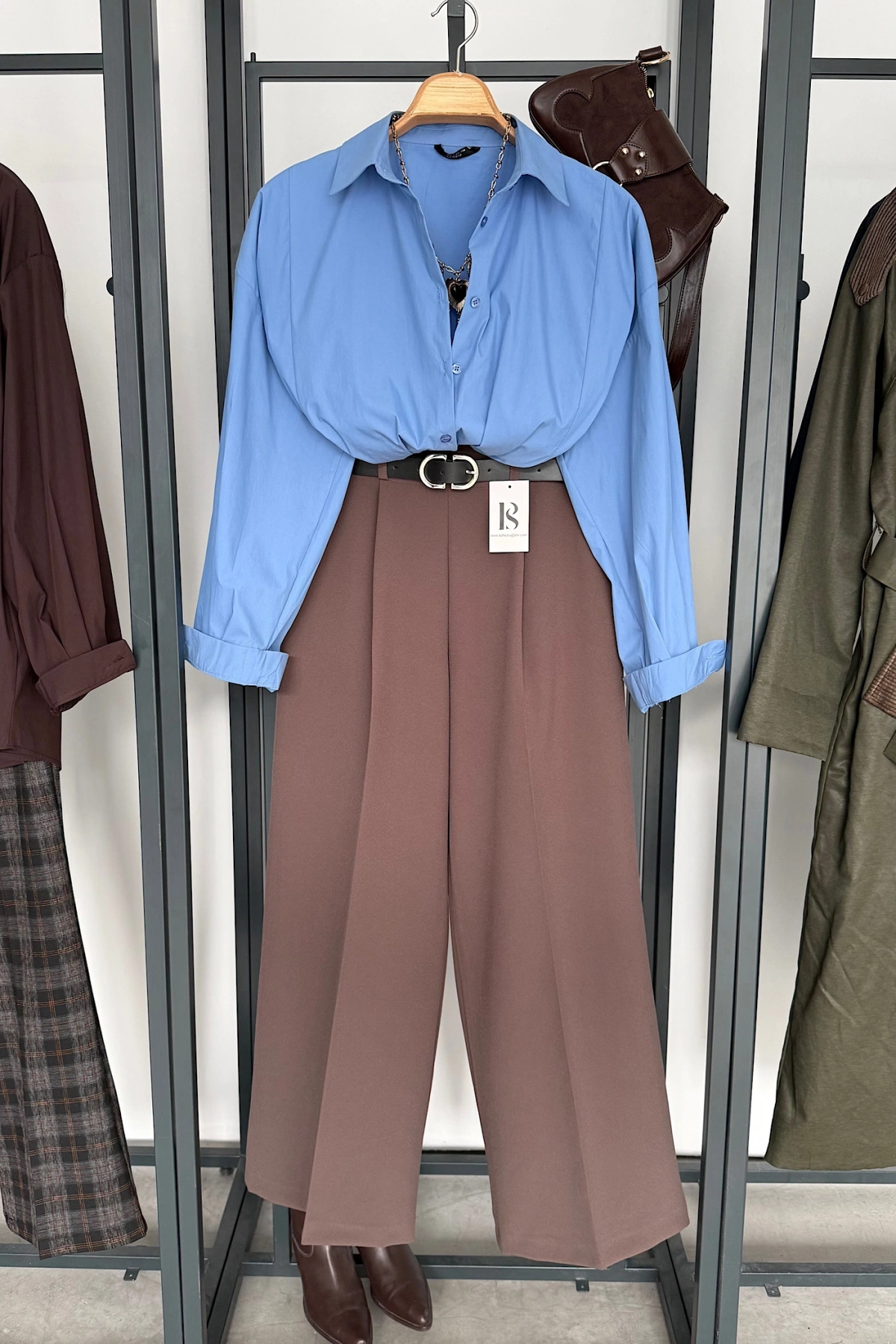 Kendinden Kemerli Palazzo Pantolon Kahverengi