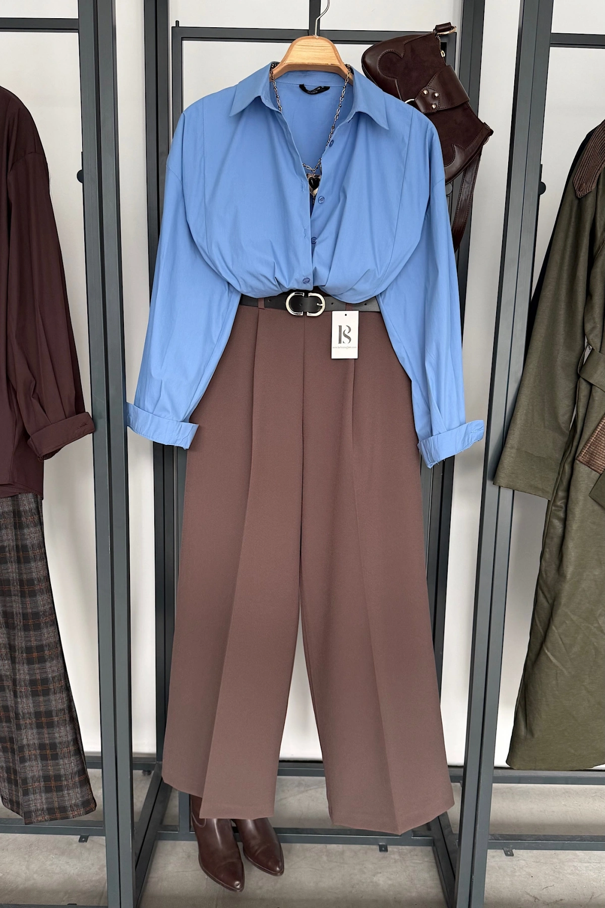 Kendinden Kemerli Palazzo Pantolon Kahverengi