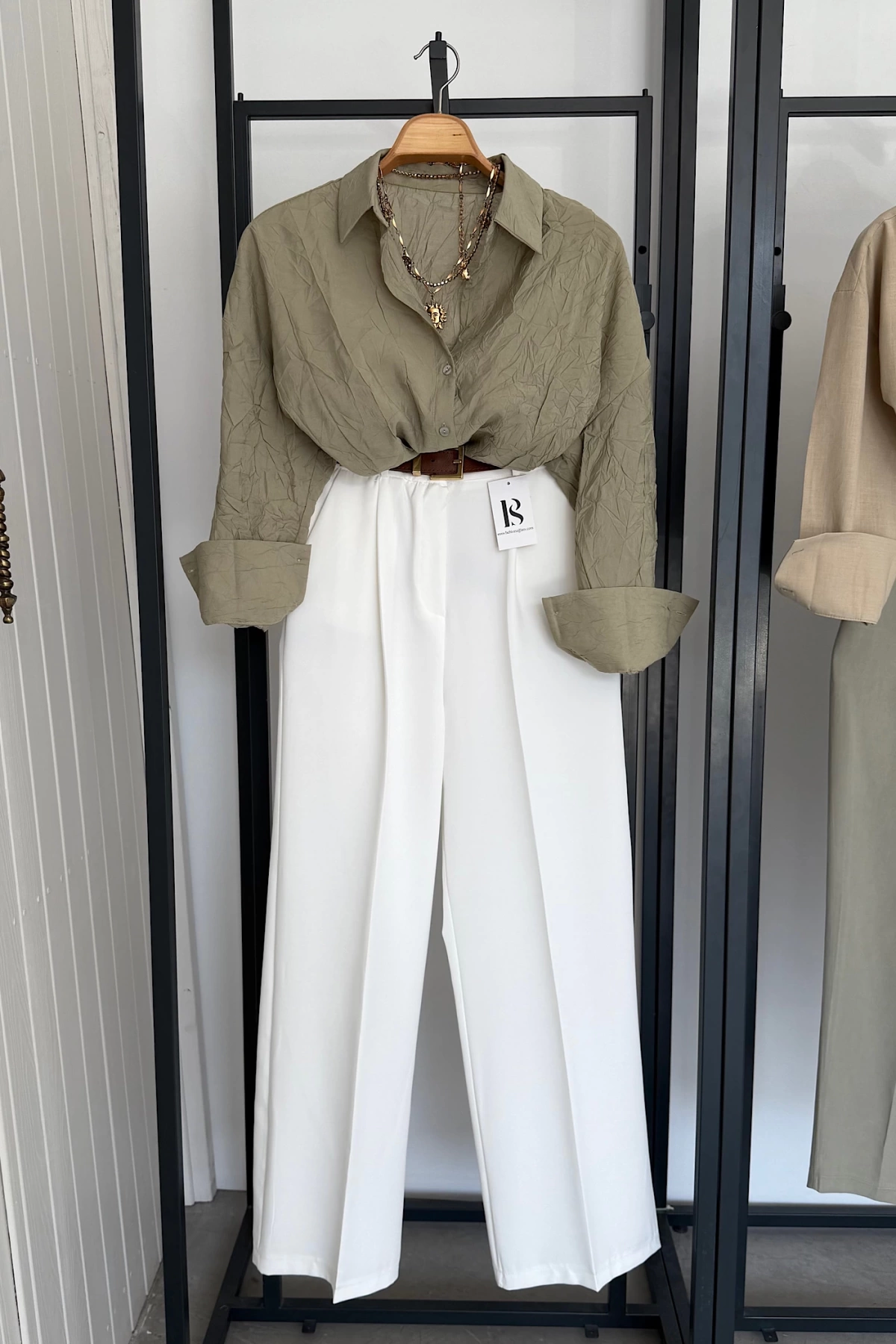 Kendinden Kırışık Oversize Gömlek Haki