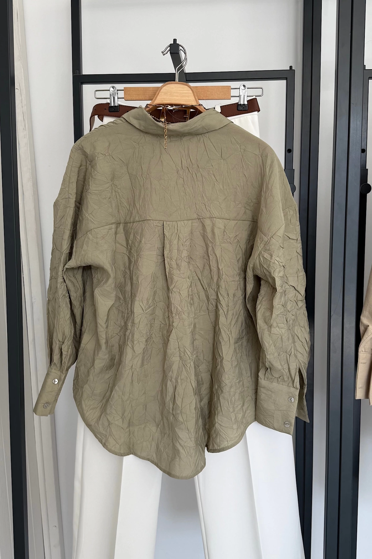 Kendinden Kırışık Oversize Gömlek Haki