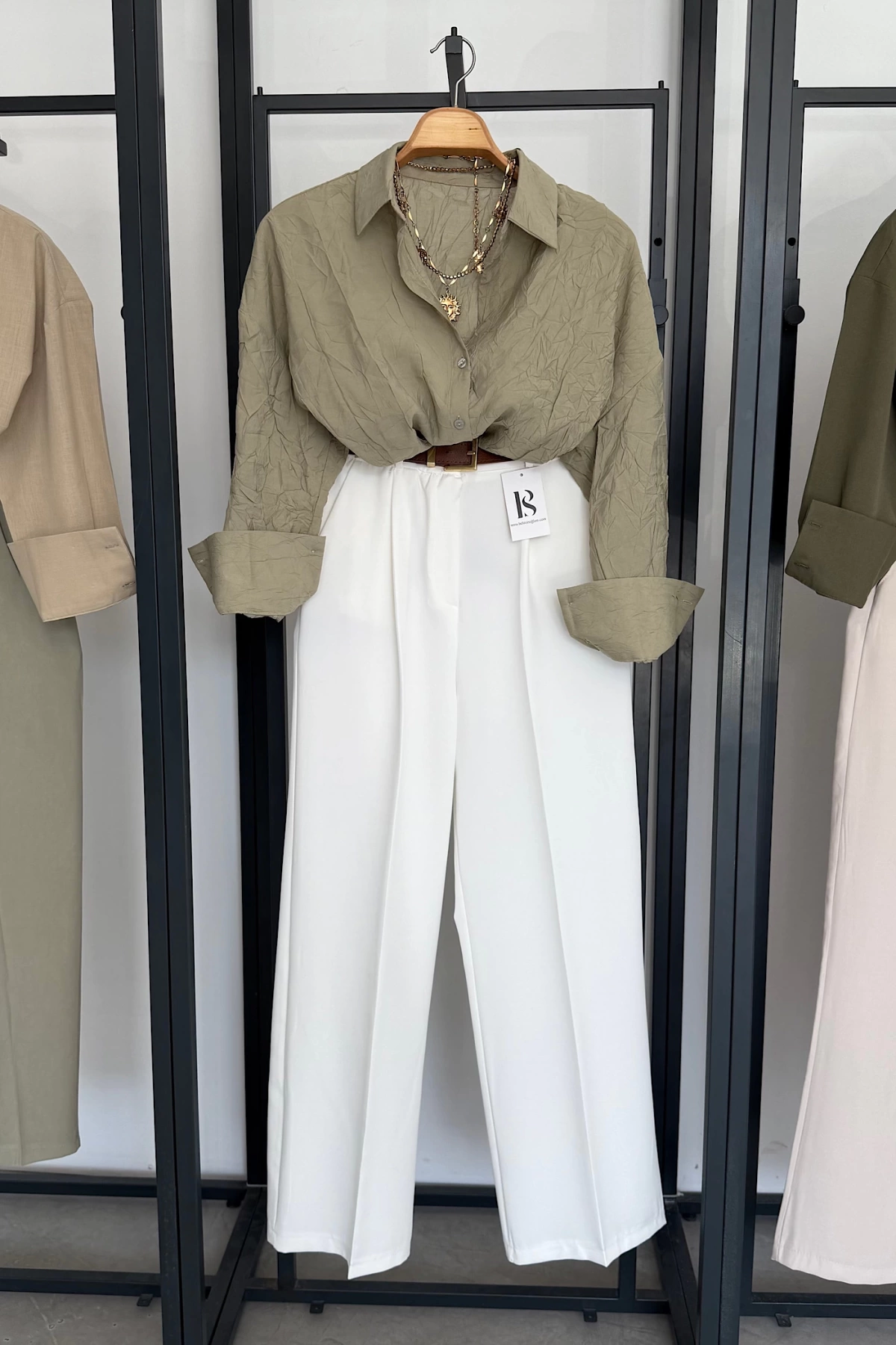 Kendinden Kırışık Oversize Gömlek Haki