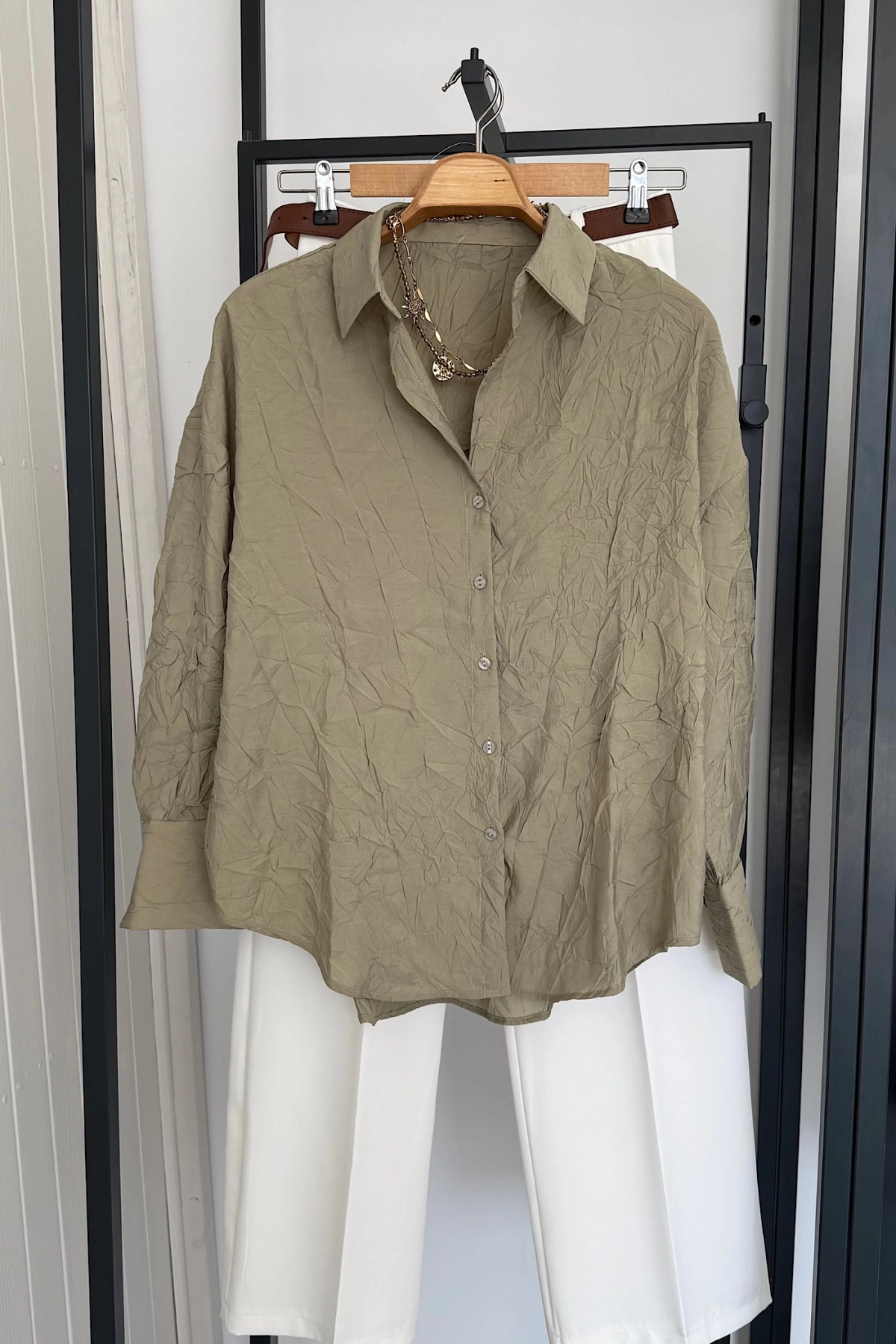 Kendinden Kırışık Oversize Gömlek Haki