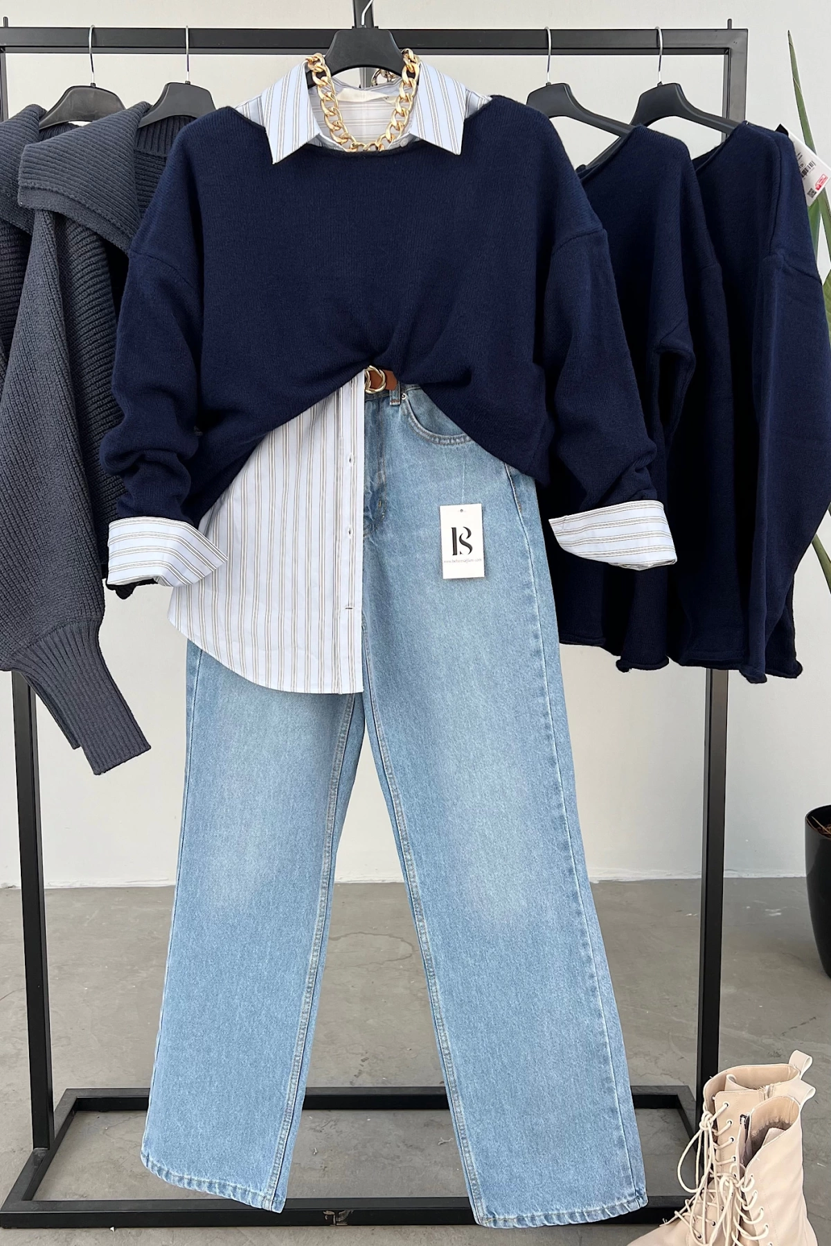 Kendinden Yaka Oversize Kazak Lacivert