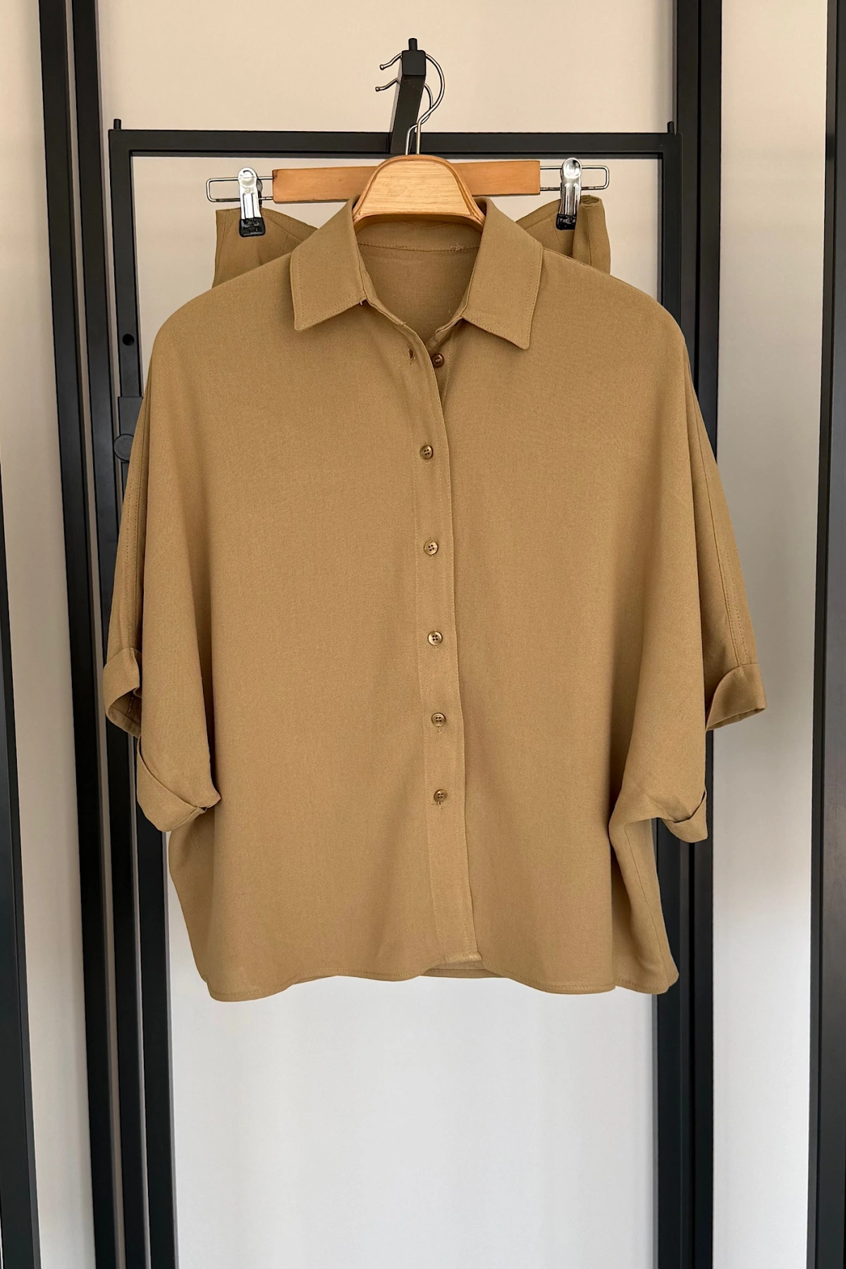 Keten Gömlek Şort Takım Olive