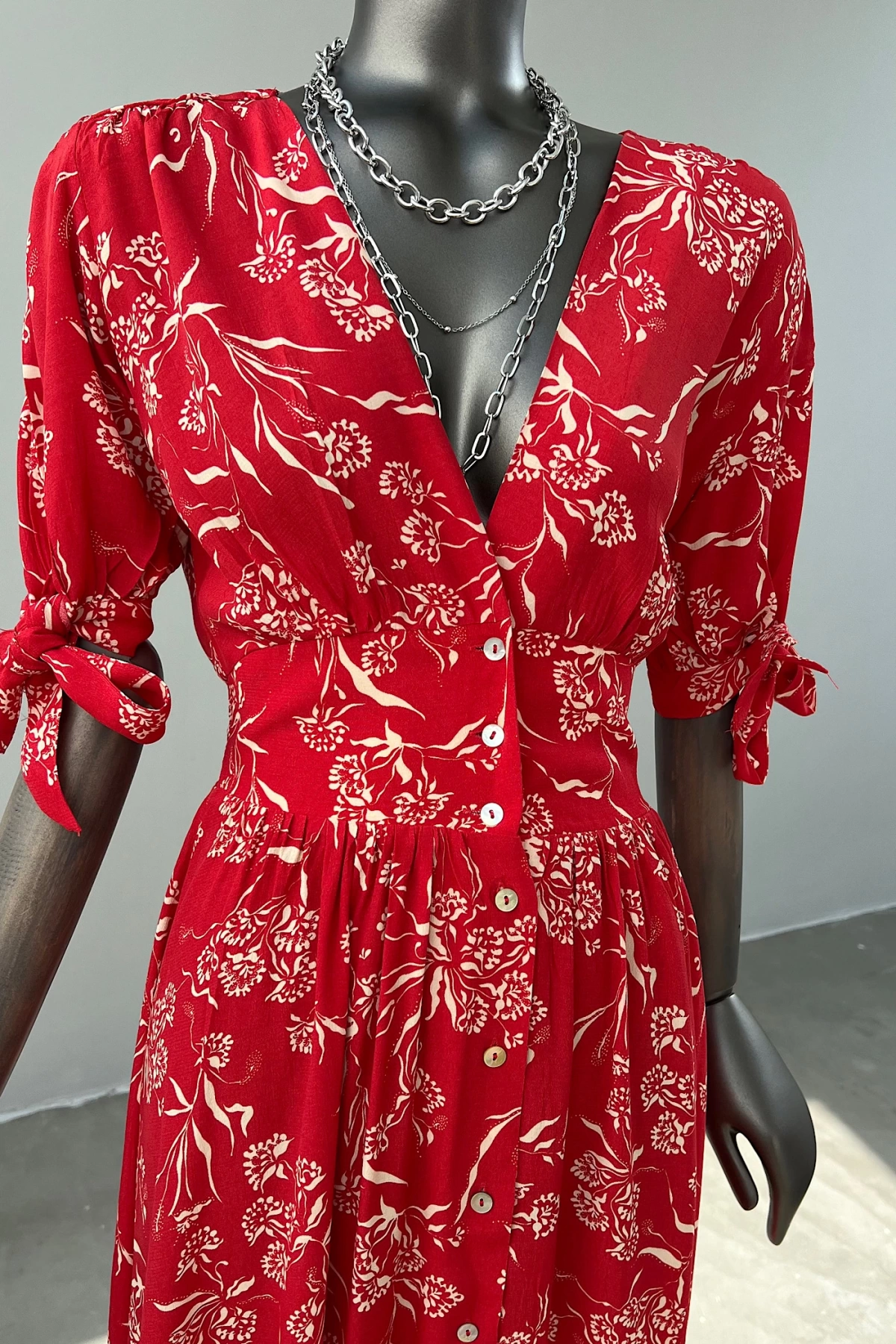 Red Floral Pattern Front Buttoned Dress