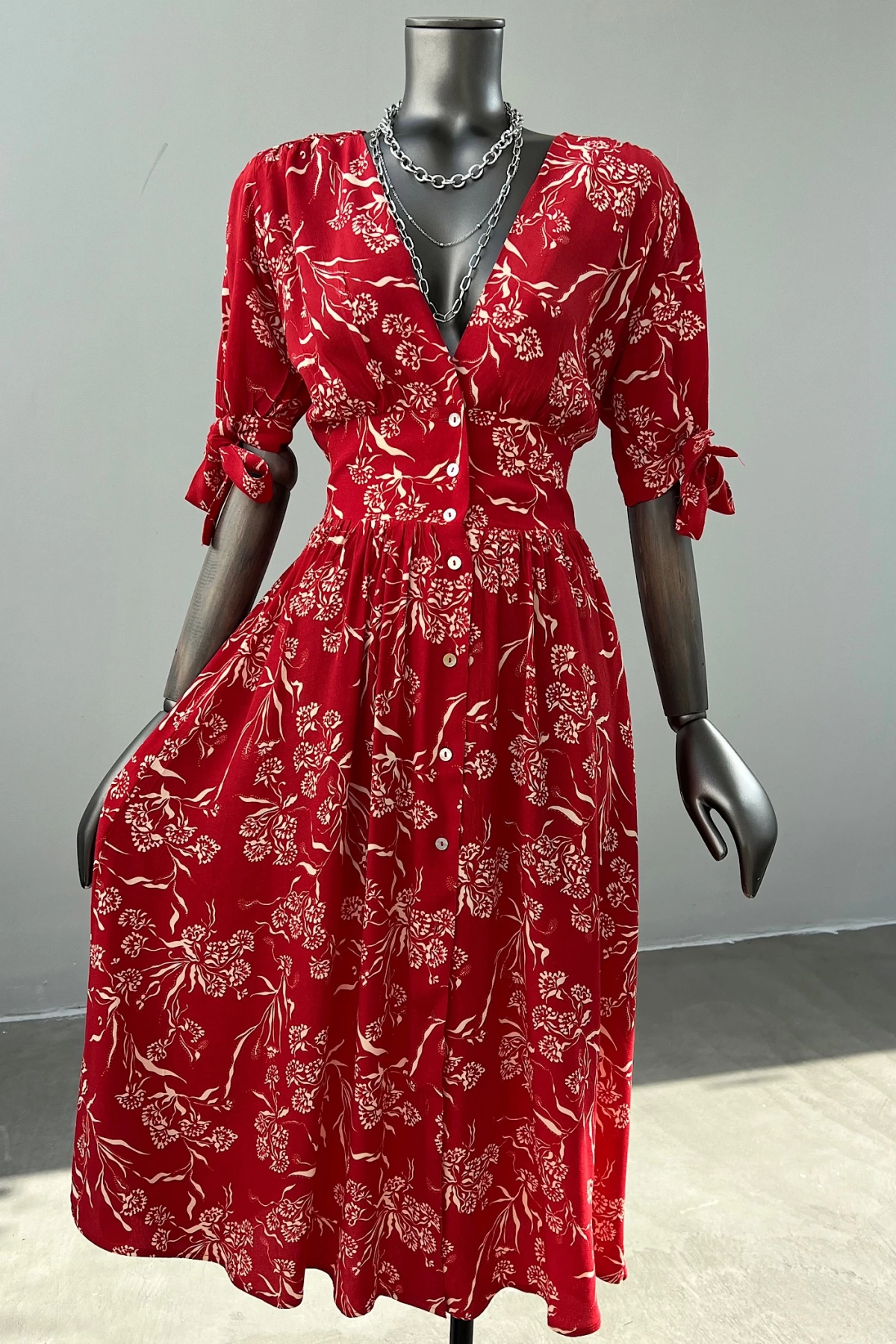 Red Floral Pattern Front Buttoned Dress