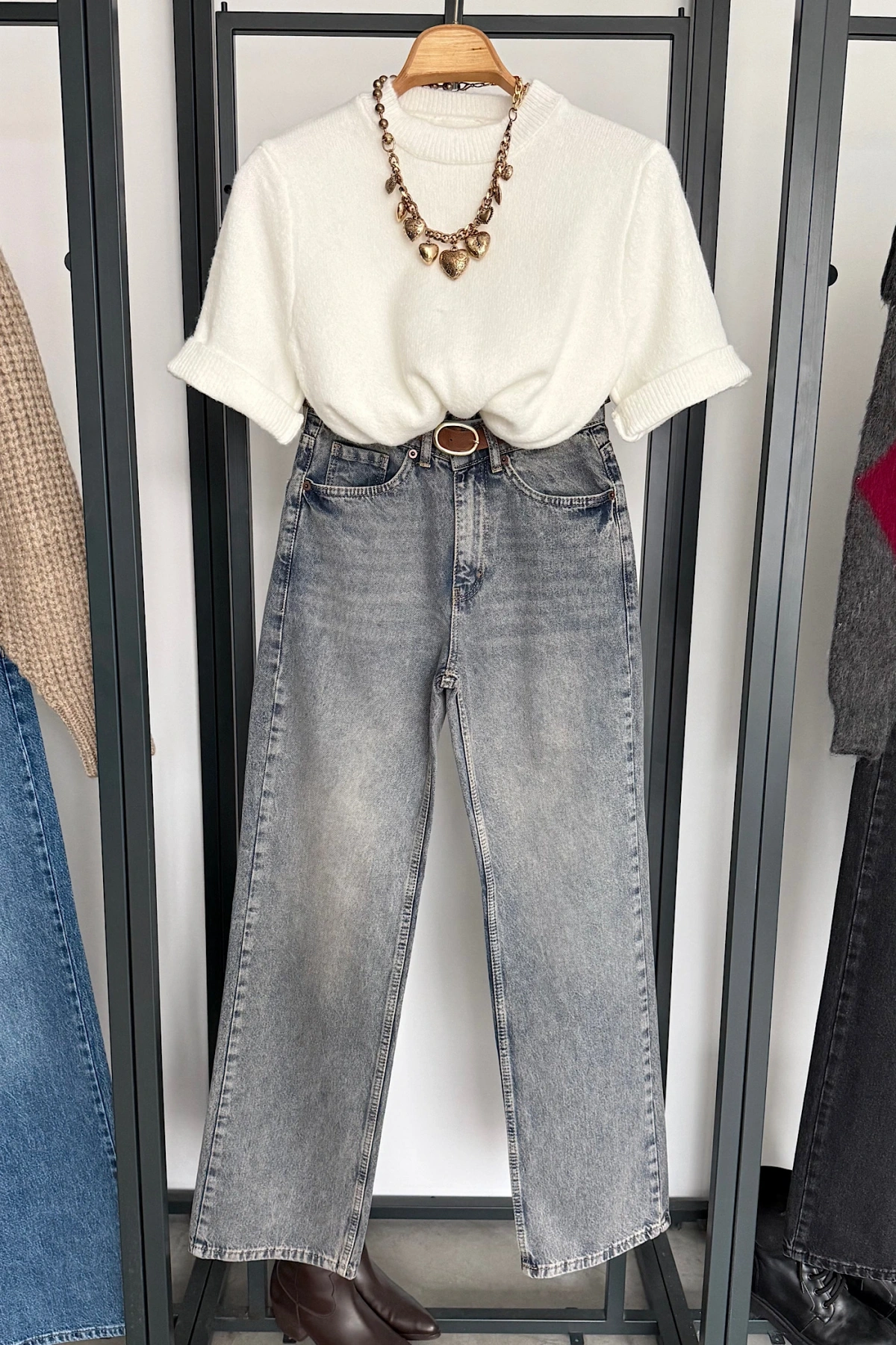 Kısa Kol Düz Kazak Ekru