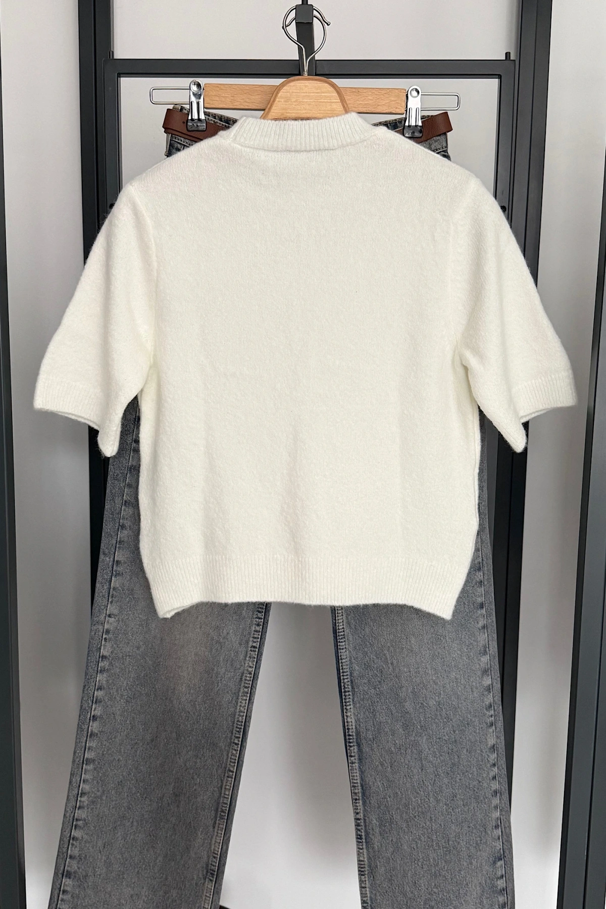 Kısa Kol Düz Kazak Ekru