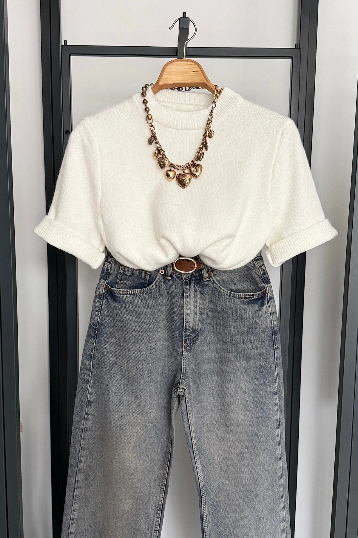 Kısa Kol Düz Kazak Ekru