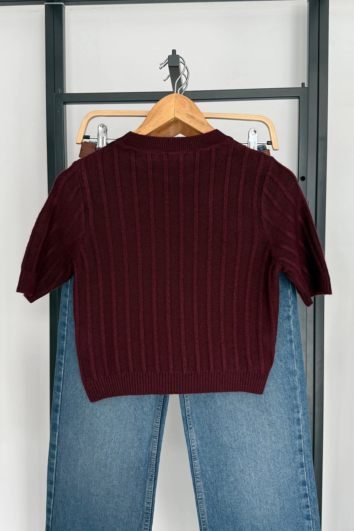 Kısa Kol Tek Fitilli Triko Bluz Bordo
