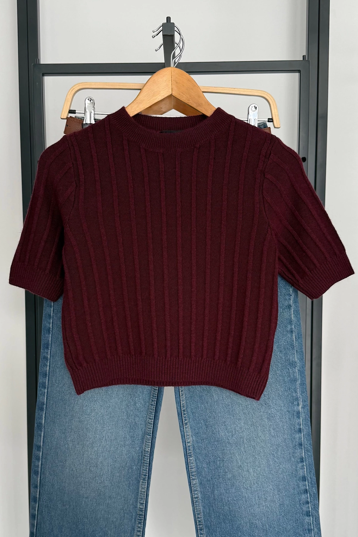 Kısa Kol Tek Fitilli Triko Bluz Bordo