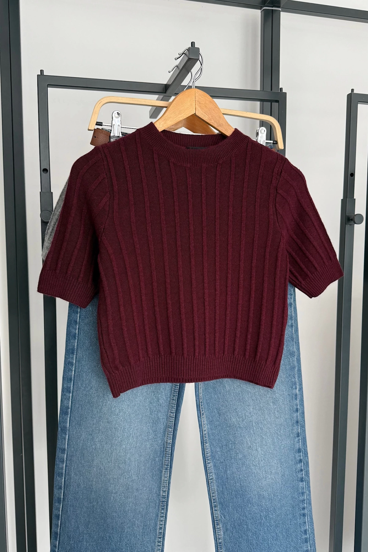 Kısa Kol Tek Fitilli Triko Bluz Bordo