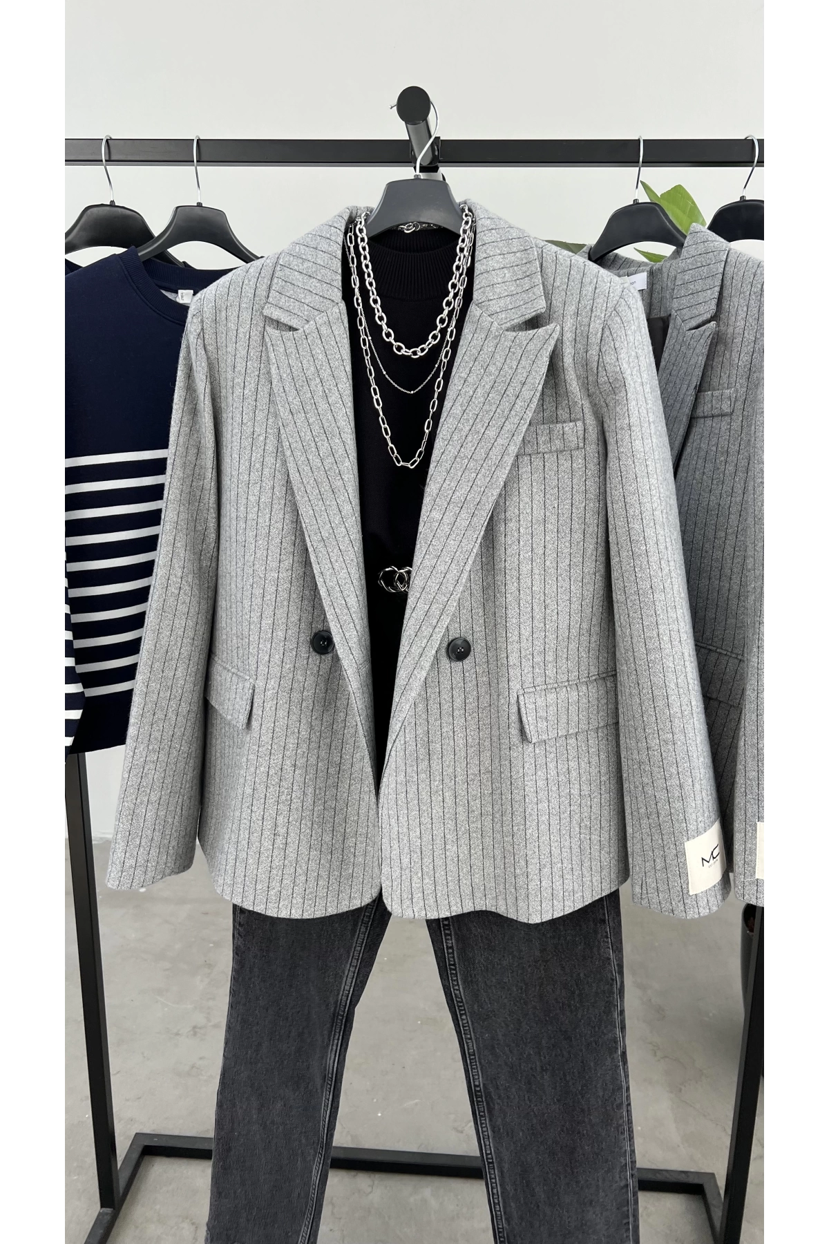 Kol Detay Blazer Kaşe Ceket Gri