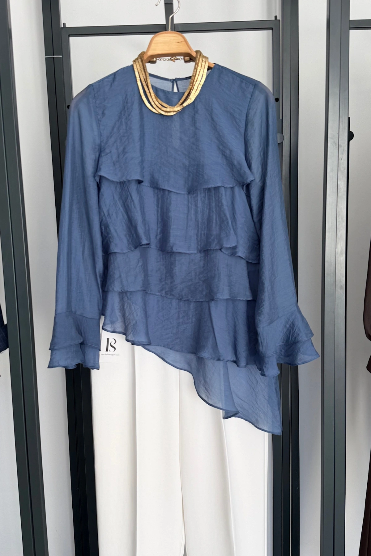 Kol Detaylı Katlı Uzun Kol Bluz Lacivert