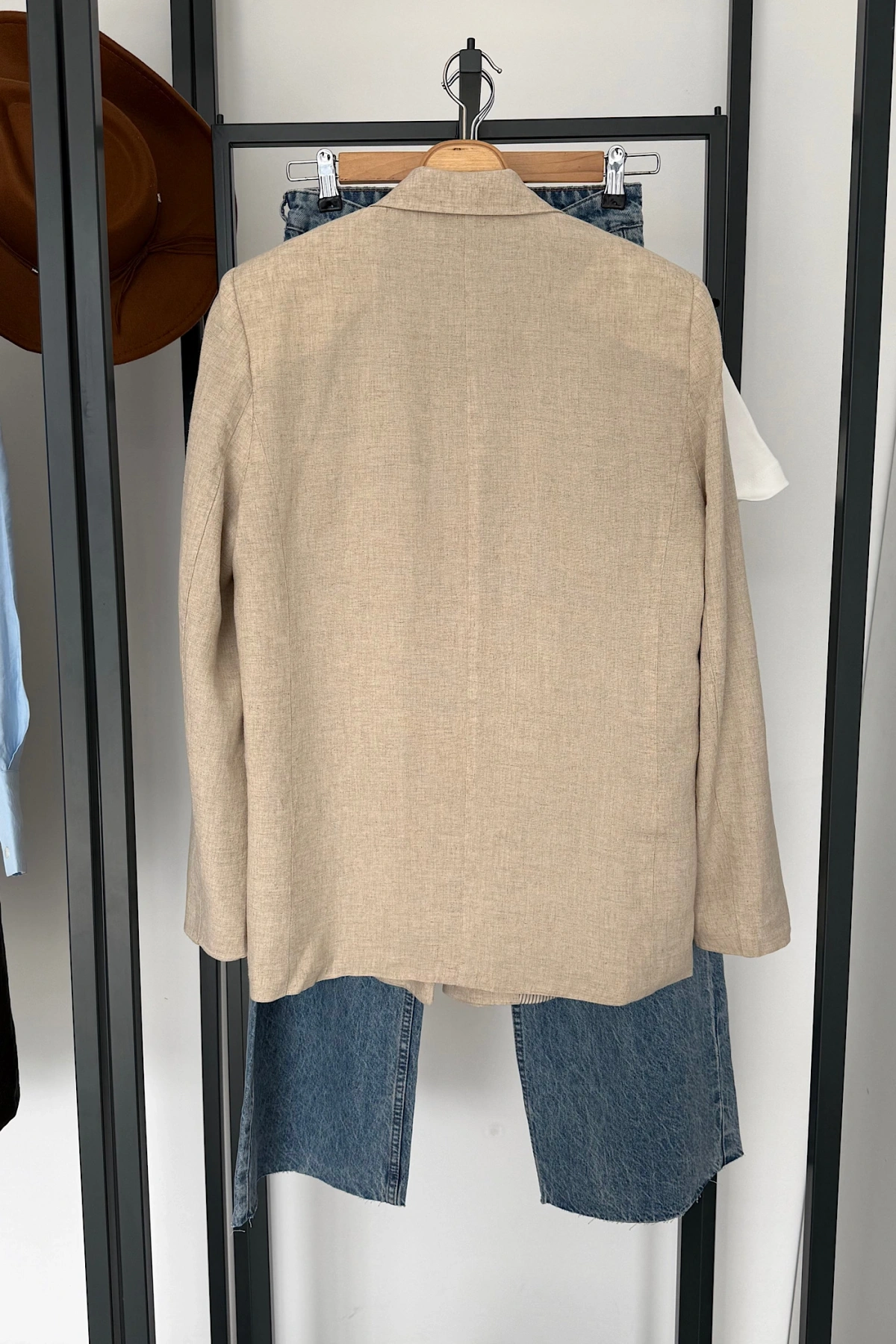 Kruvaze Keten Ceket Krem